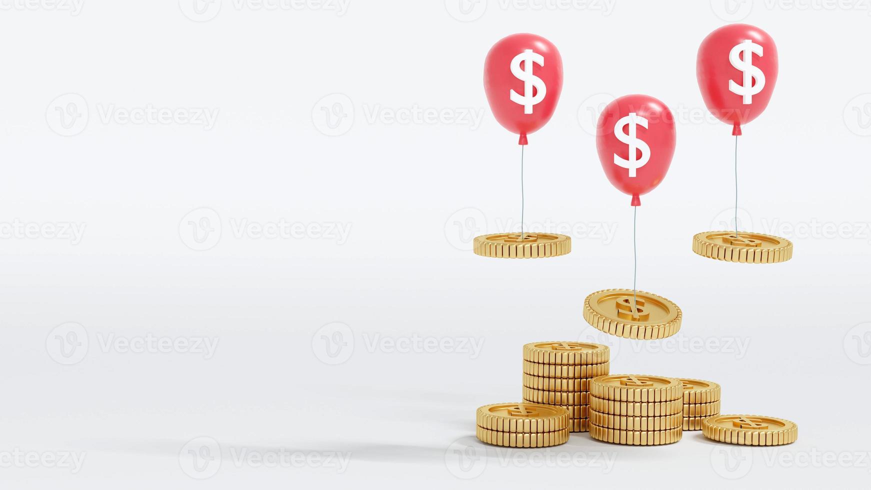 3D Rendering stack of coins balloons taking coins up on the air on background concept of financial inflation. 3D render. 3D illustration. photo