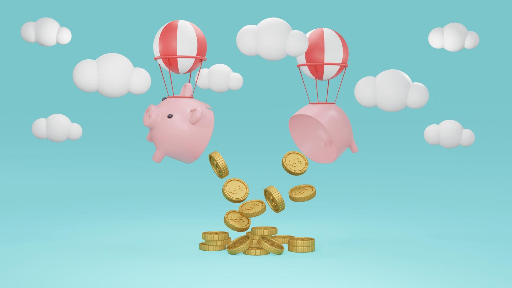 3D Rendering concept of a broken piggy bank with balloons with golden coins in the sky. 3D Render. photo