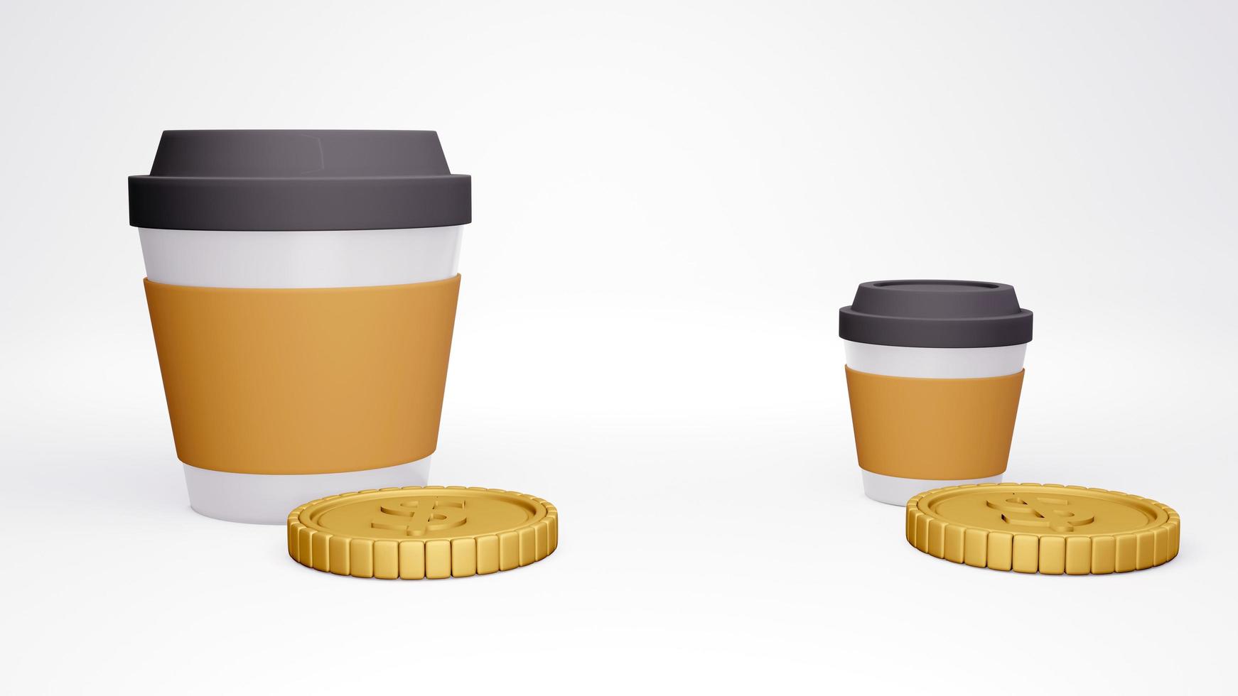 concepto de representación 3d de la inflación. taza de café de tamaño grande y pequeño y del mismo tamaño de monedas de oro. renderizado 3d foto