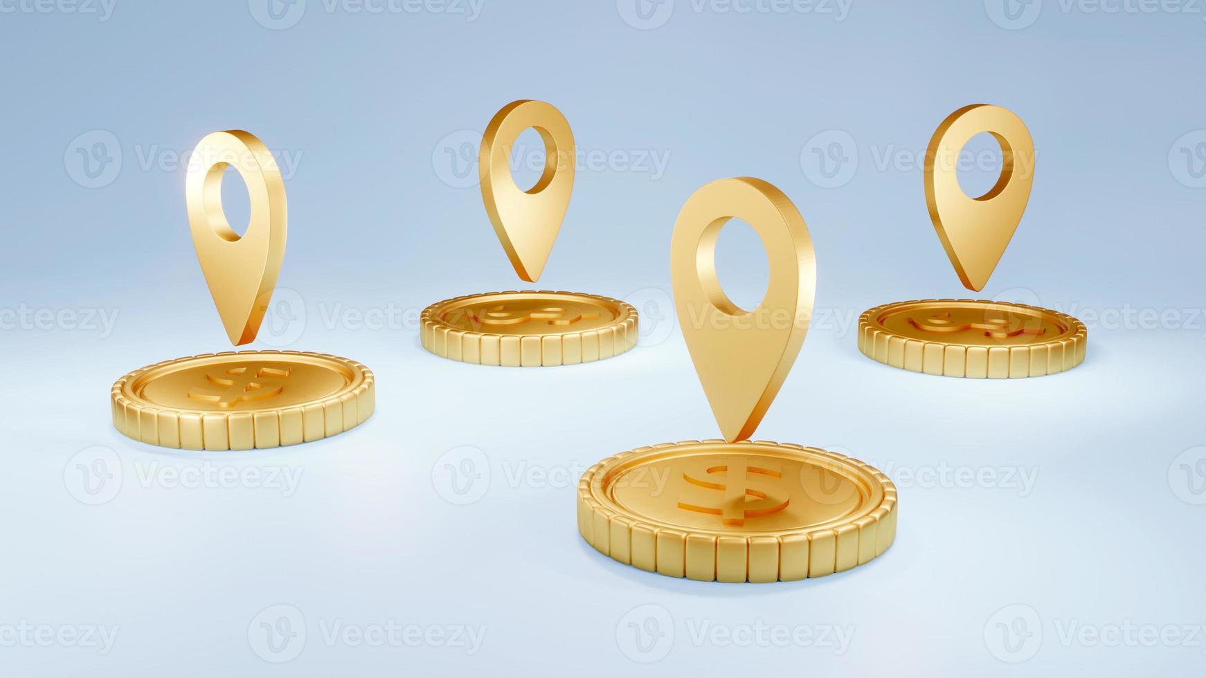 3D Rendering concept of golden coins with golden location symbols. 3d Render. photo