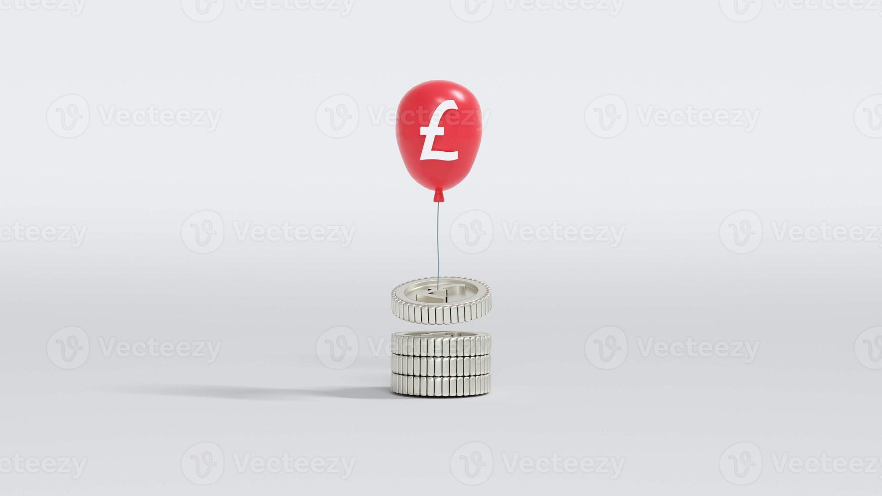 3D Rendering concept of money inflation. A silver sterling pound coin is raised up by a pound sterling symbol pound balloon isolated on background. 3D Render. 3D illustration. photo