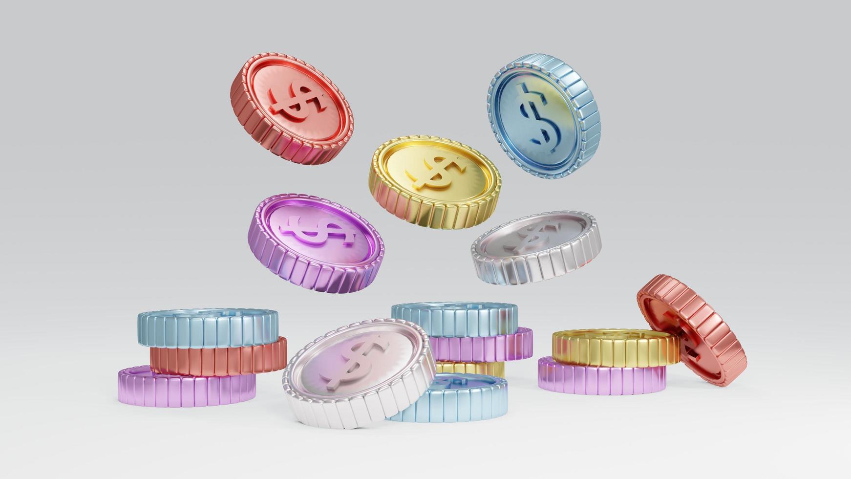 3D Rendering concept of colorful coins falling from the top the scene. 3D render. photo