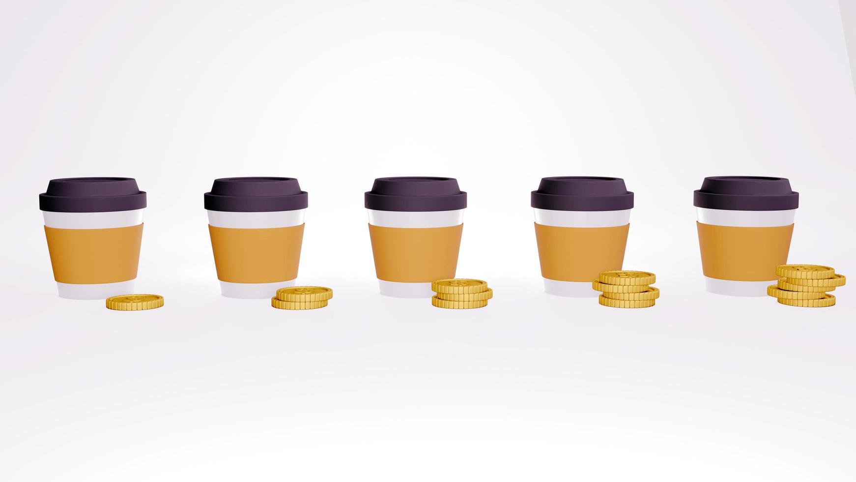 3D Rendering concept of inflation. cup of coffee and stacked golden coins in increasing order. 3D Render photo