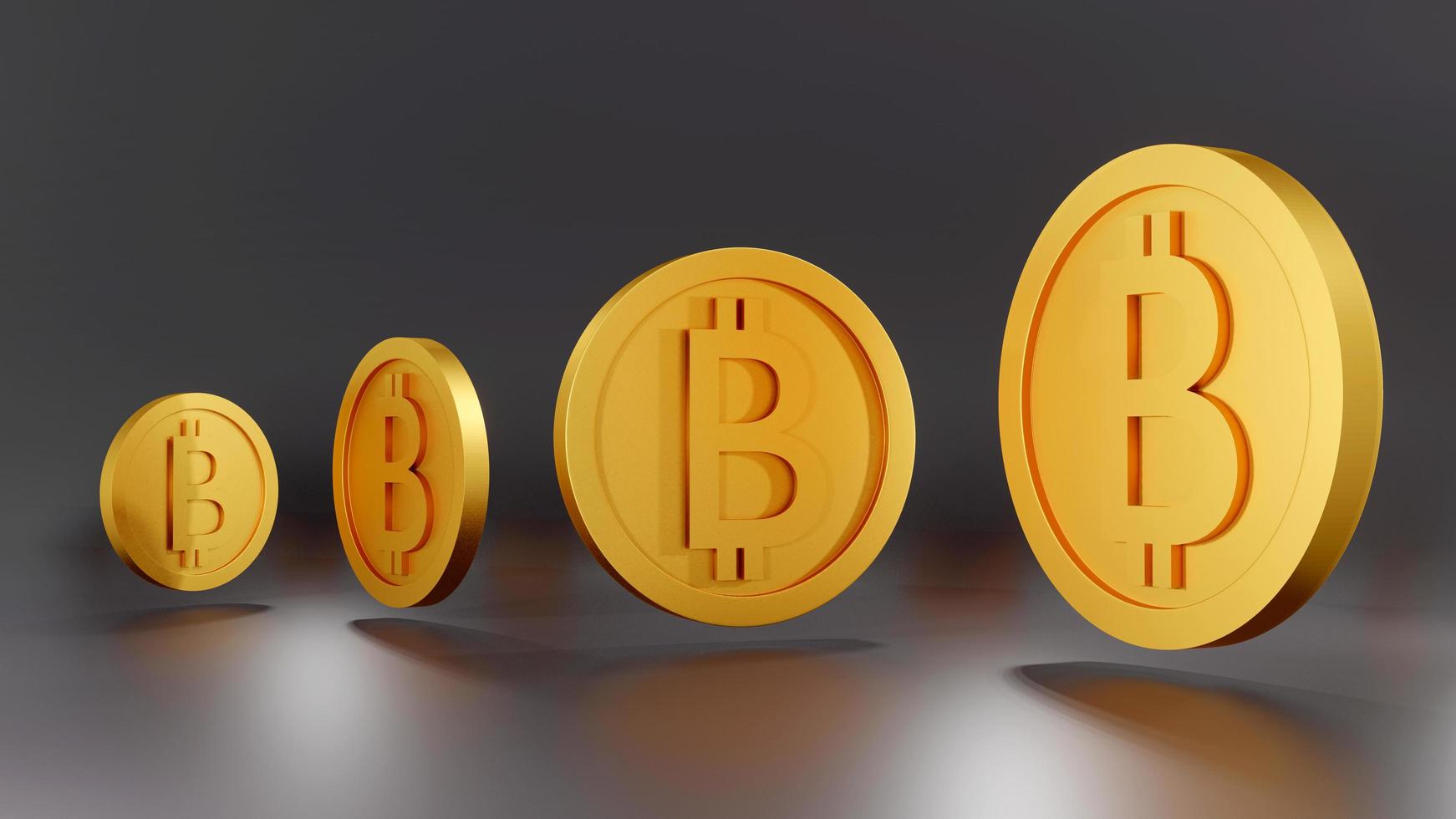 Concepto de representación 3d de monedas de oro pequeñas a grandes con b en las monedas que se refieren a la criptomoneda bitcoin o al diseño comercial. procesamiento 3d foto