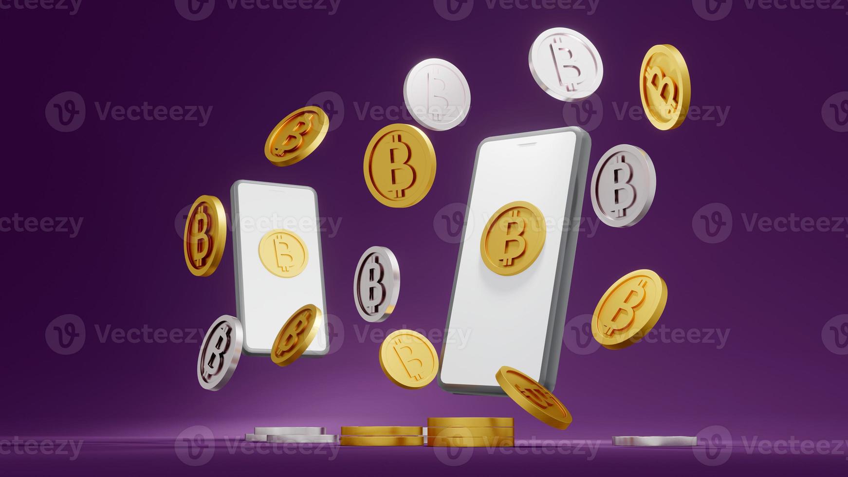 3D Rendering concept of golden coins with B on the coins that referring to cryptocurrency bitcoin and a smart phone for commercial design. 3D Render. photo