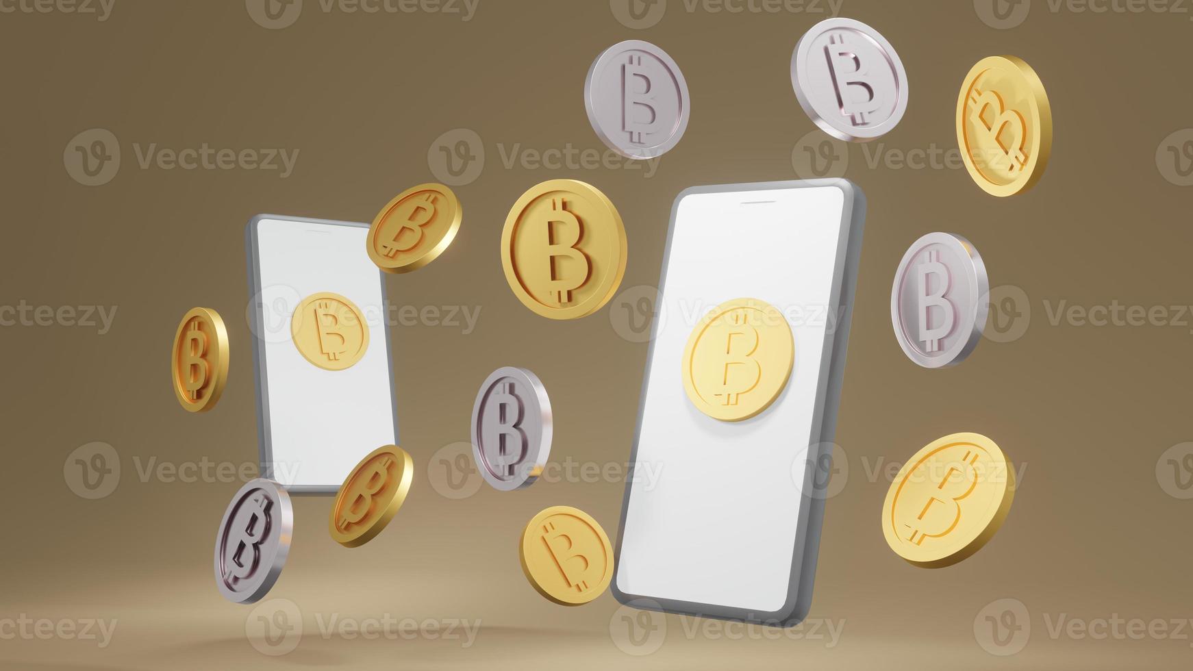 3D Rendering concept of golden coins with B on the coins that referring to cryptocurrency bitcoin and a smart phone for commercial design. 3D Render. photo