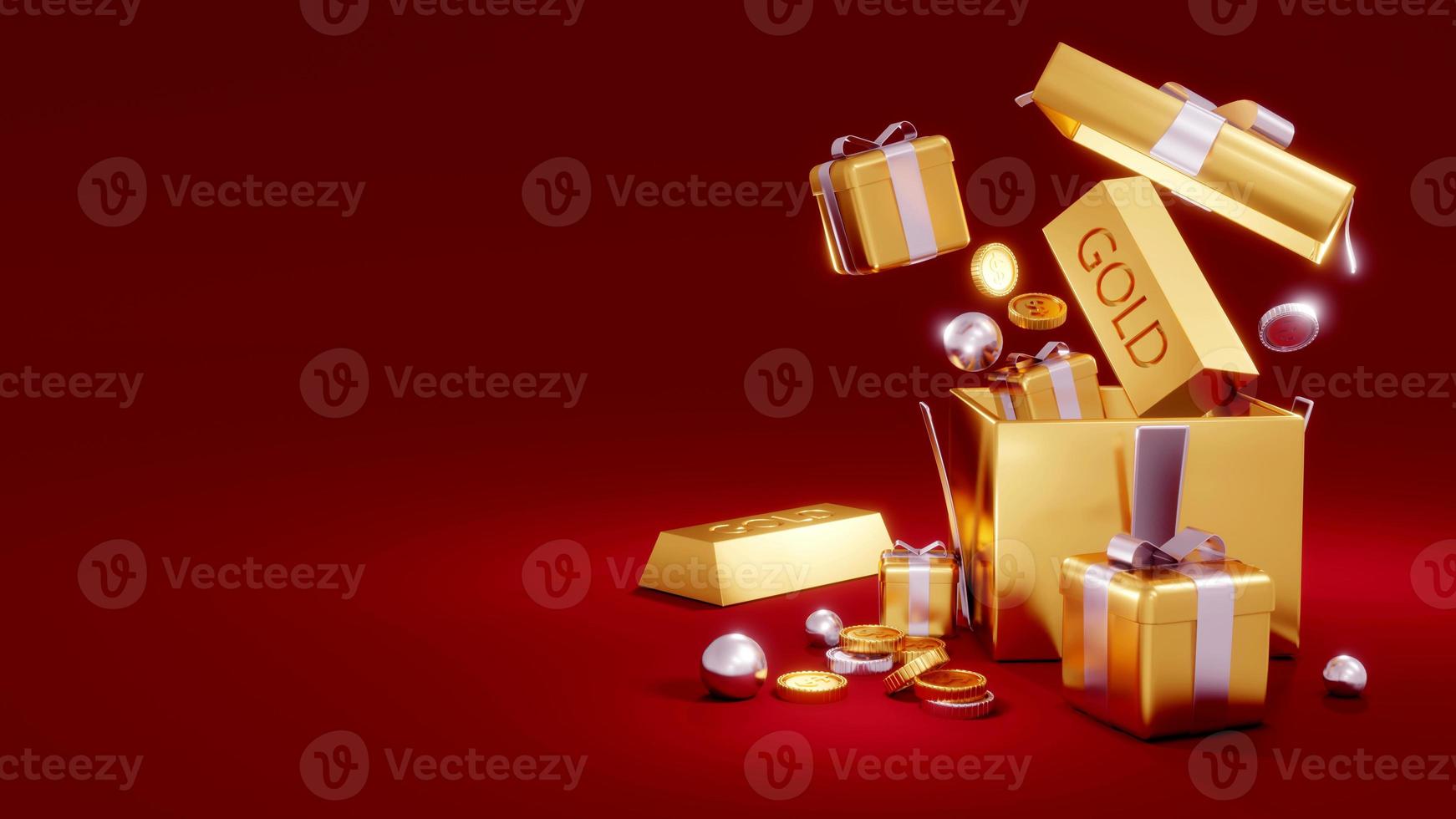 3D Rendering concept of golden piggy bank, golds, golden coins, presents on red background.3D Render. photo