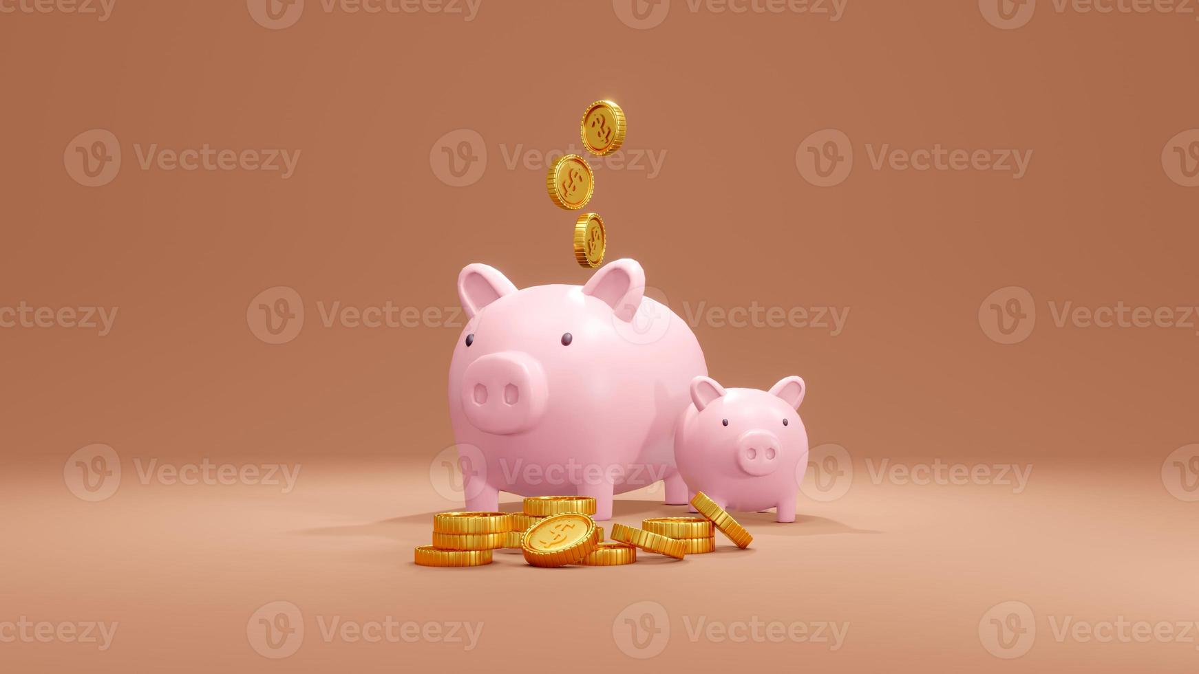 3D Rendering concept of investment. Big and small piggy banks with coins on background for commercial design. 3D Render. photo
