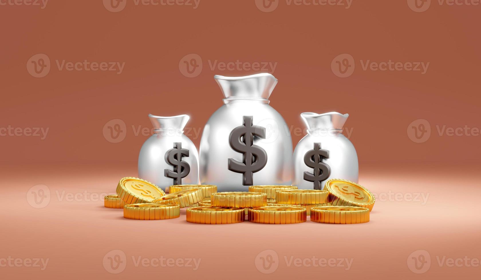 concepto de representación 3d de dinero, tesorería. bolsas de dinero de plata con signo de dólar y monedas de oro en el fondo. procesamiento 3d foto