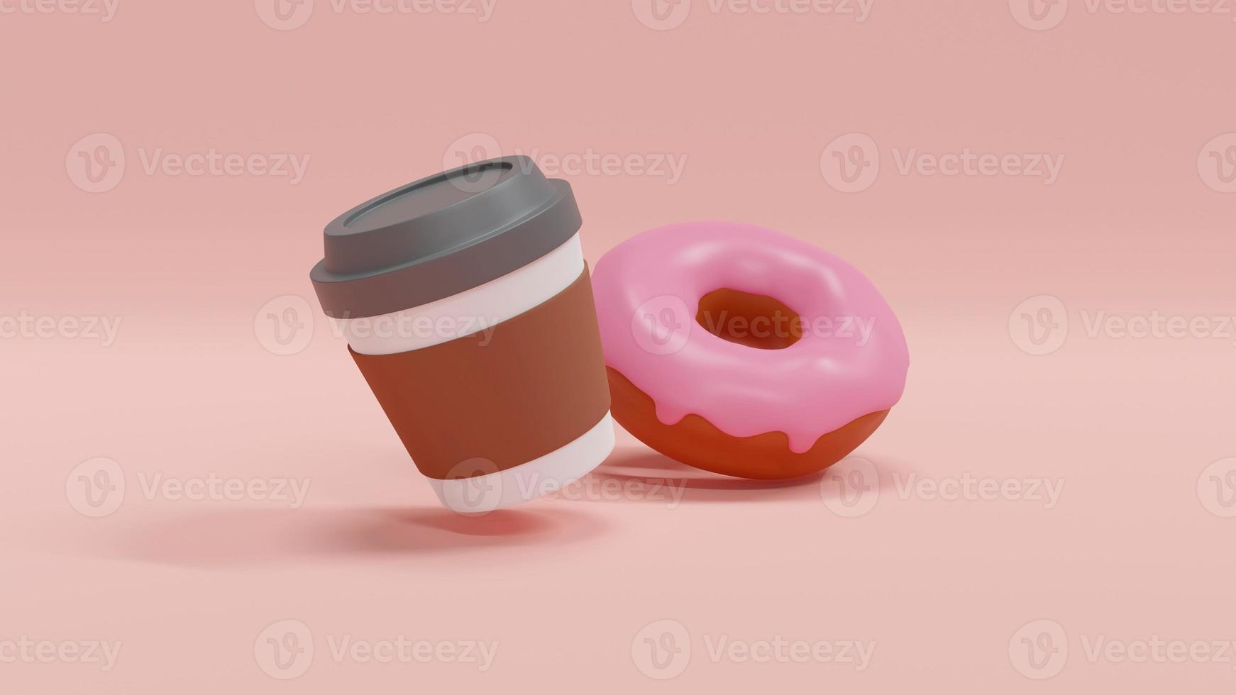 3d Rendering concept of food, American breakfast. A cup of coffee with a doughnut on pink background. 3D Render. 3D illustration. Minimal design template. photo