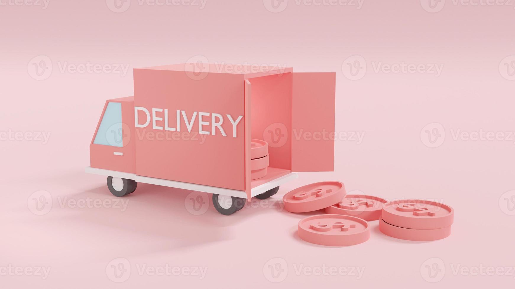 3D Rendering concept of money and financial. car truck with text delivery with money coins isolated on pink background. 3D render. 3D illustration. photo