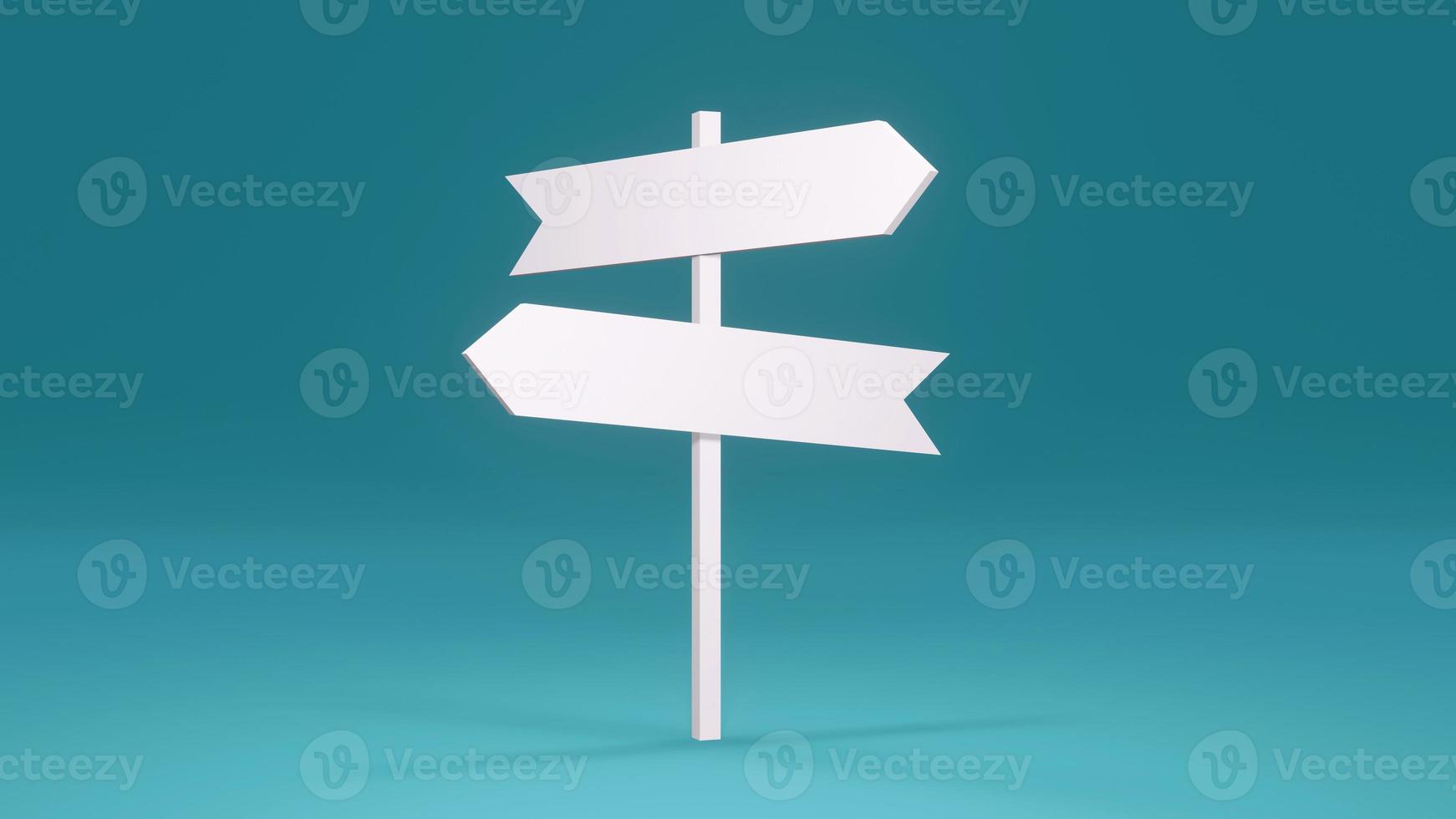 3D rendering concept of travel vacation. Direction empty blank sign with white arrows on post isolated on blue background. 3D Render photo