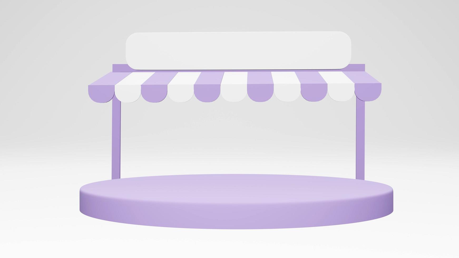 3D Rendering concept of digital marketing concept. Minimal convenience store front building with a podium isolated on background for commercial design. Purple Theme. 3D Render. 3D illustration. photo