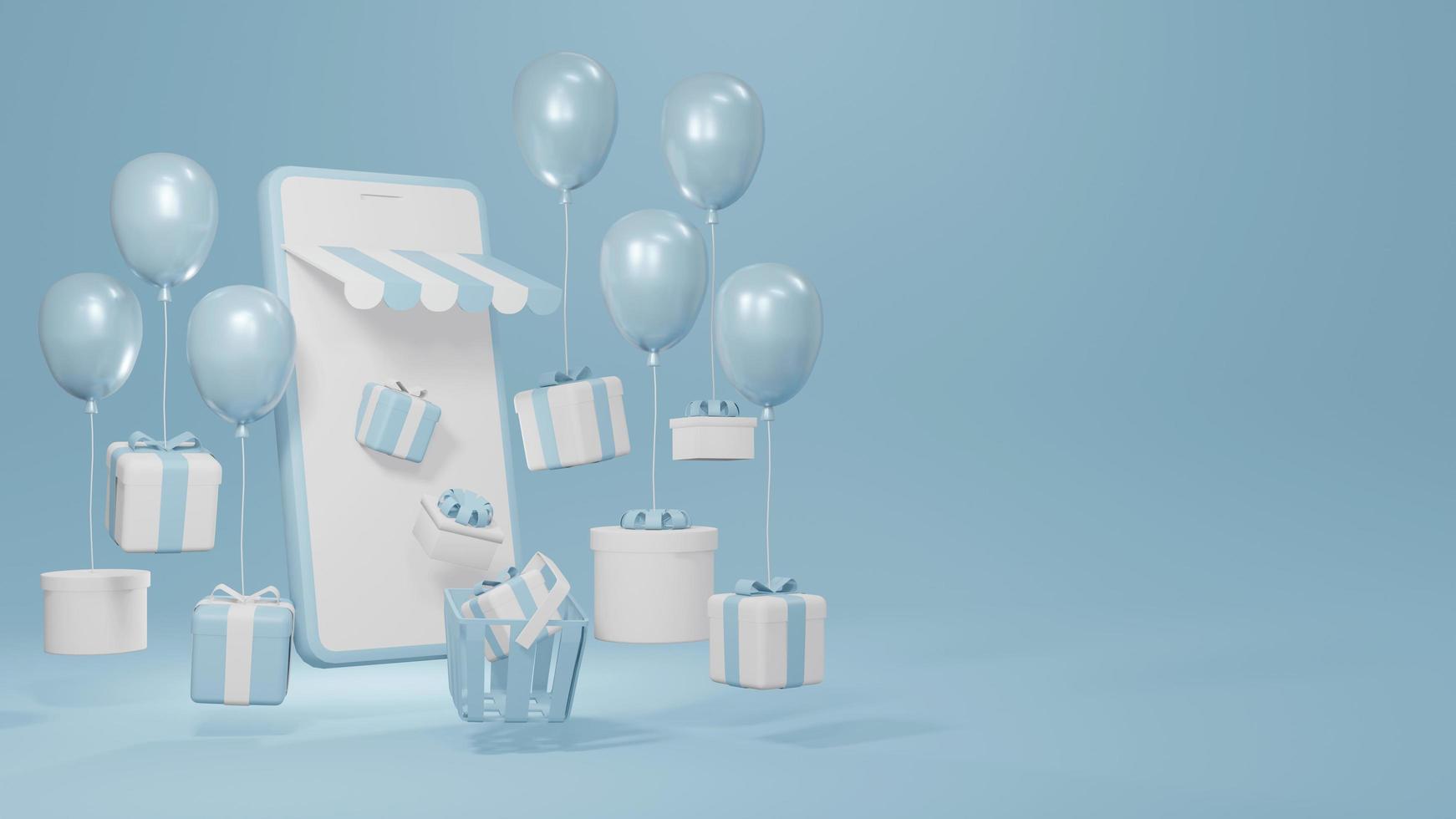 Concepto de representación 3d de comercio electrónico, compras en tiendas en línea. teléfono inteligente con cajas de regalo y globos para diseño comercial. procesamiento 3d foto