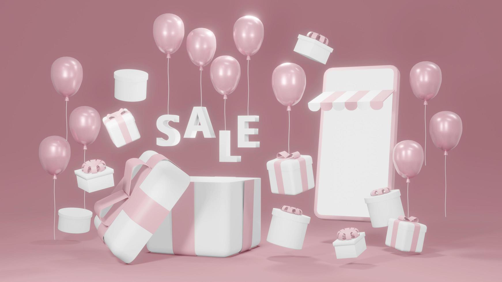 concepto de representación 3d de comercio electrónico, compras en línea. teléfono inteligente con cajas de regalo, globos y venta de texto flotando para diseño comercial. tema rosa. procesamiento 3d foto