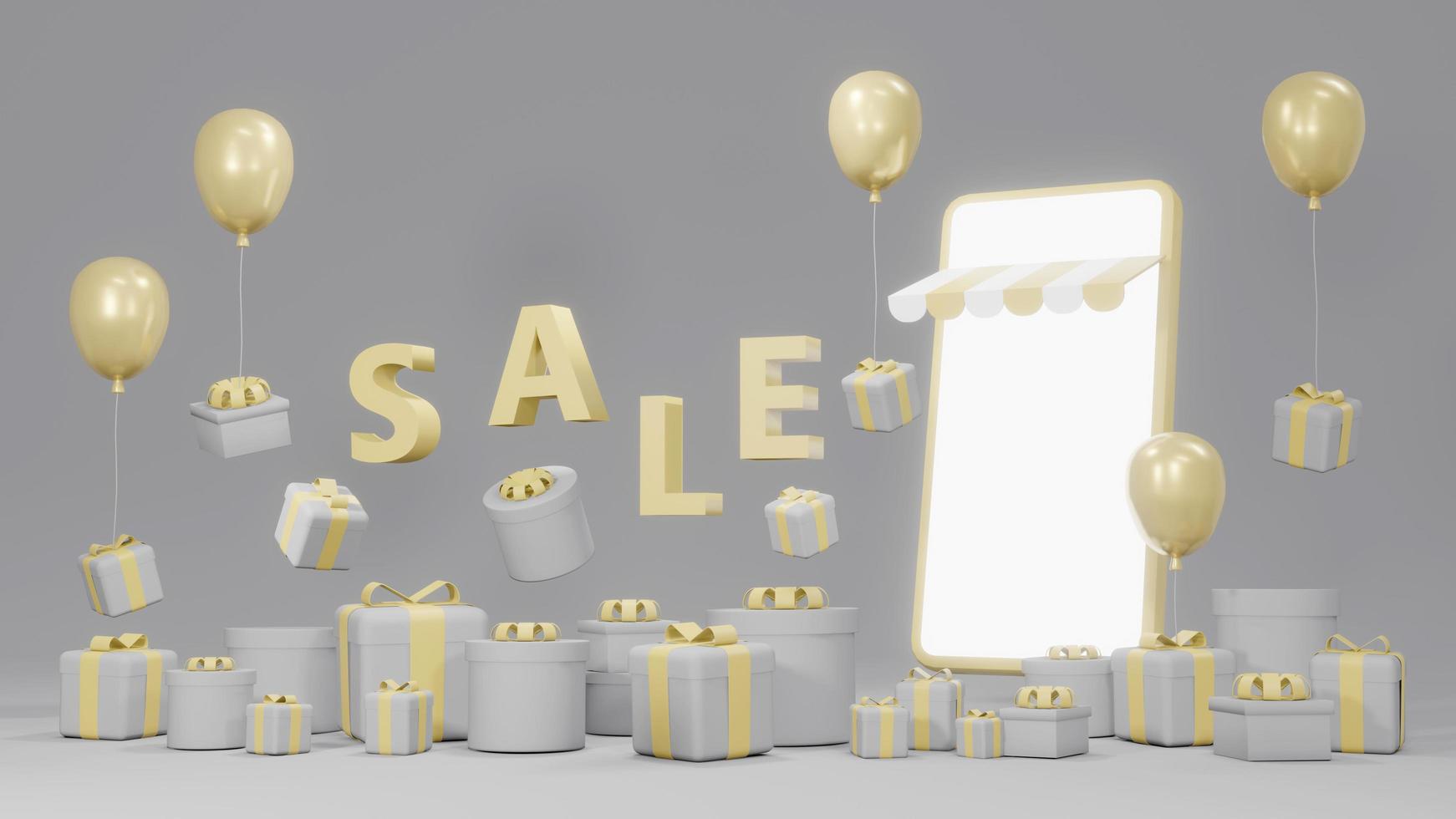 concepto de representación 3d de comercio electrónico, compras en línea. teléfono inteligente con cajas de regalo, globos y venta de texto flotando en el fondo para diseño comercial. tema gris y amarillo. procesamiento 3d foto