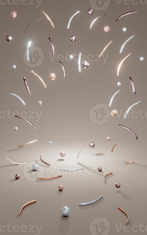 3D Rendering concept of Confetti horizontal frame. Shiny geometric confetti falling on background. Celebration holiday design elements for web, commercial design. Template. 3D render. photo