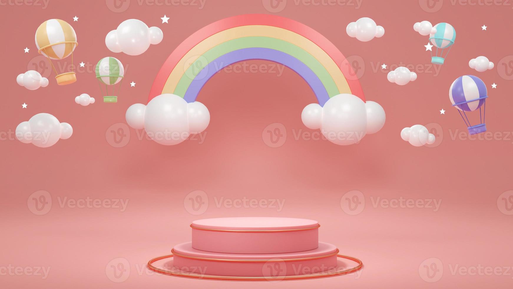 3D Rendering concept of rainbow podium. Product stand podium display with rainbow clouds hot air balloons and stars on background for commercial design. Minimal pink theme. 3D Render. 3D illustration. photo