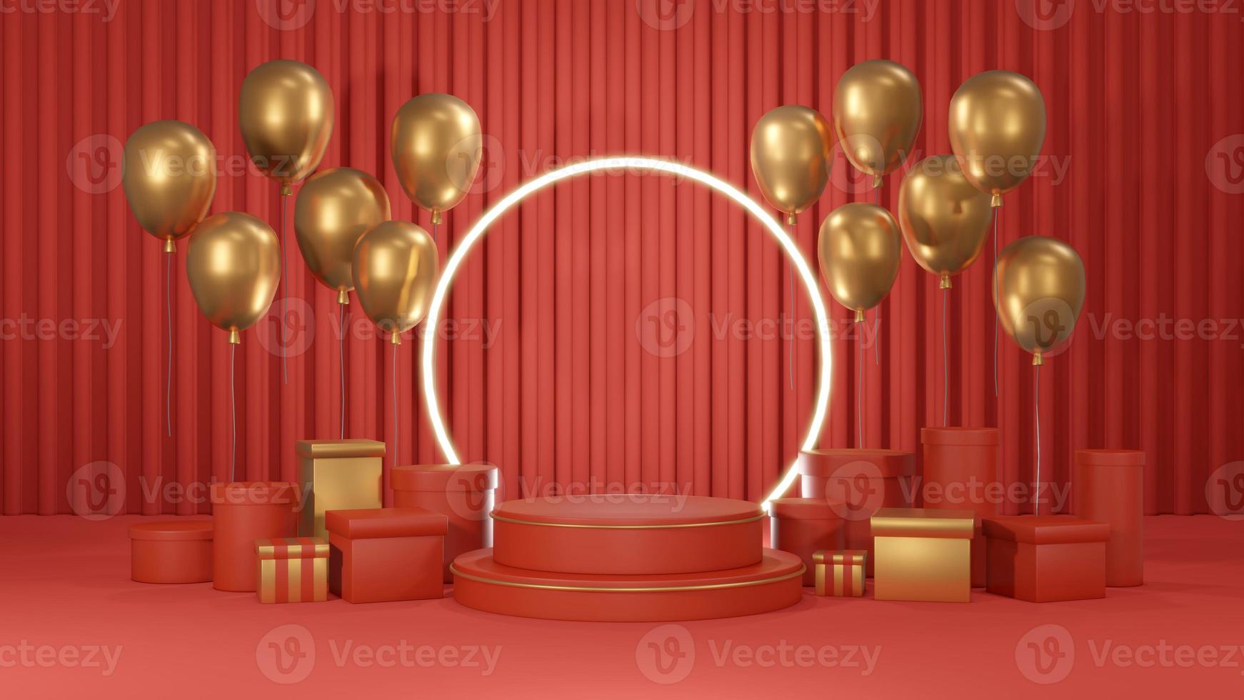 3D rendering concept of red gold podium. Bright red podium product stand display and background with golden balloons and a lot of gifts composed for commercial design. 3D render. 3D illustration. photo