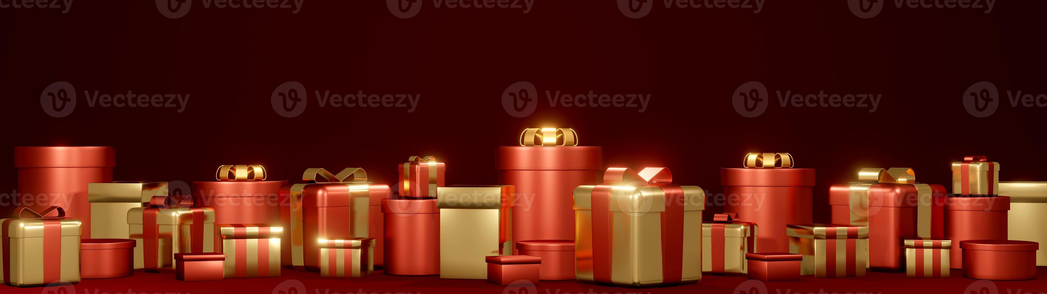 3D rendering concept of gift. Horizontal view of set of red and golden gifts banner boxes with bow and ribbons on dark background for commercial design. 3D render. 3D illustration. photo