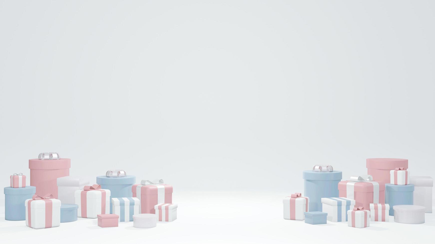 Concepto de representación 3d de un conjunto de cajas presentes en tema rosa y azul sobre fondo blanco para diseño comercial. procesamiento 3d foto