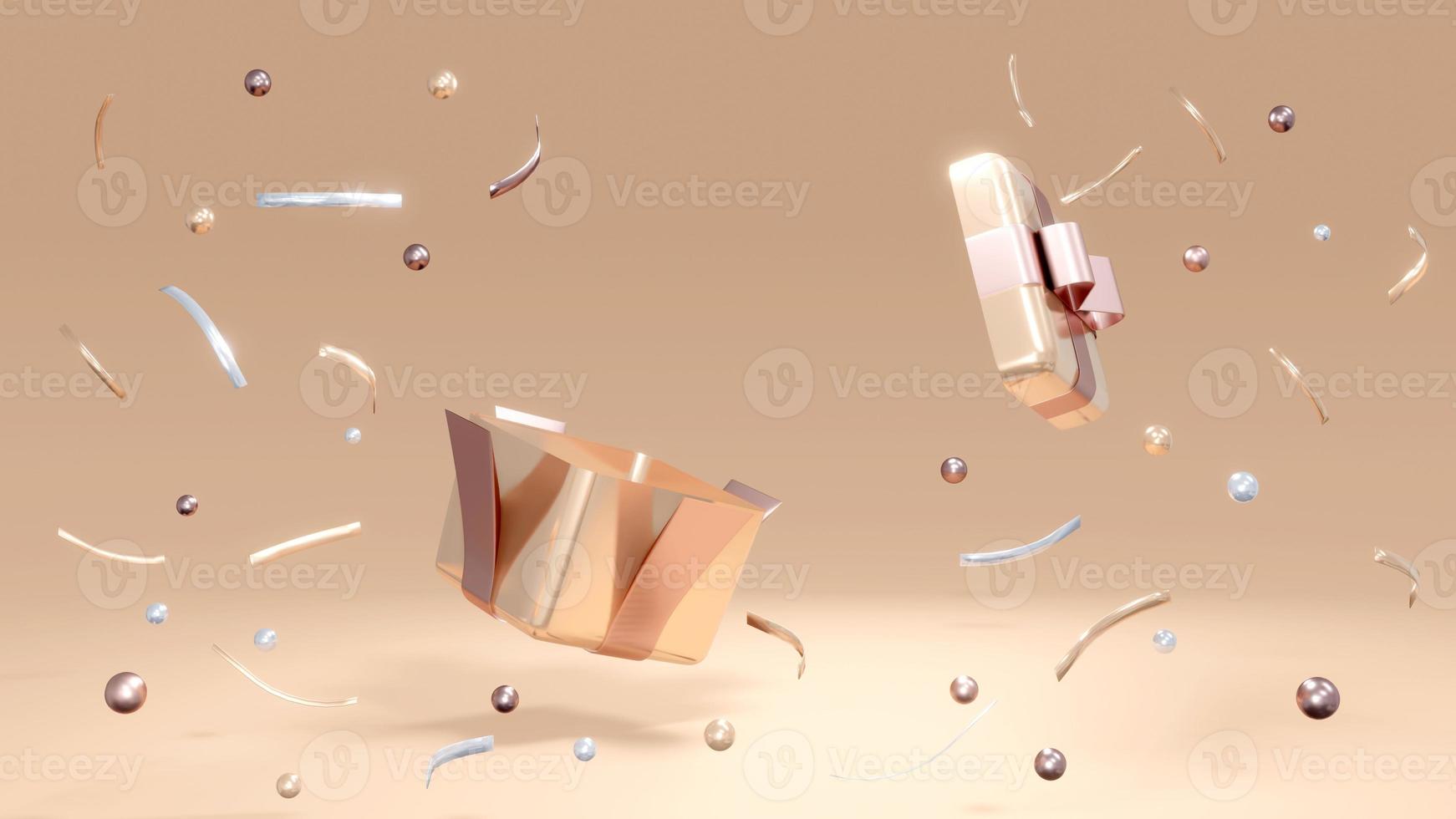 3D rendering concept of a present box opens up with geometric confetti elements around and blank space for commercial design. 3D render. 3D illustration. photo