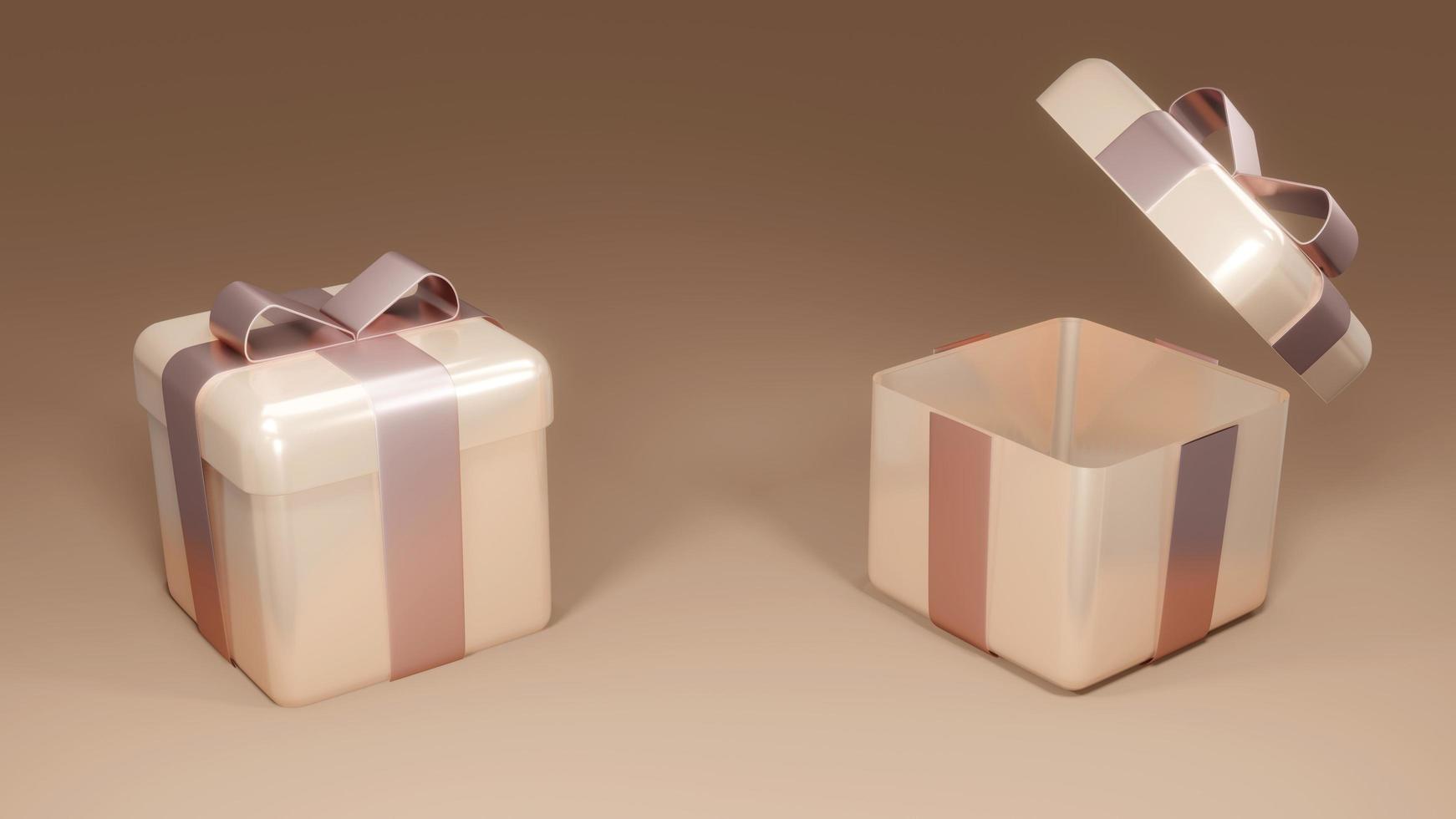 Concepto de representación 3d de cajas de regalo envueltas cerradas y abiertas para diseño comercial. regalos de vacaciones. regalos de cumpleaños. tema de oro rosa. procesamiento 3d foto