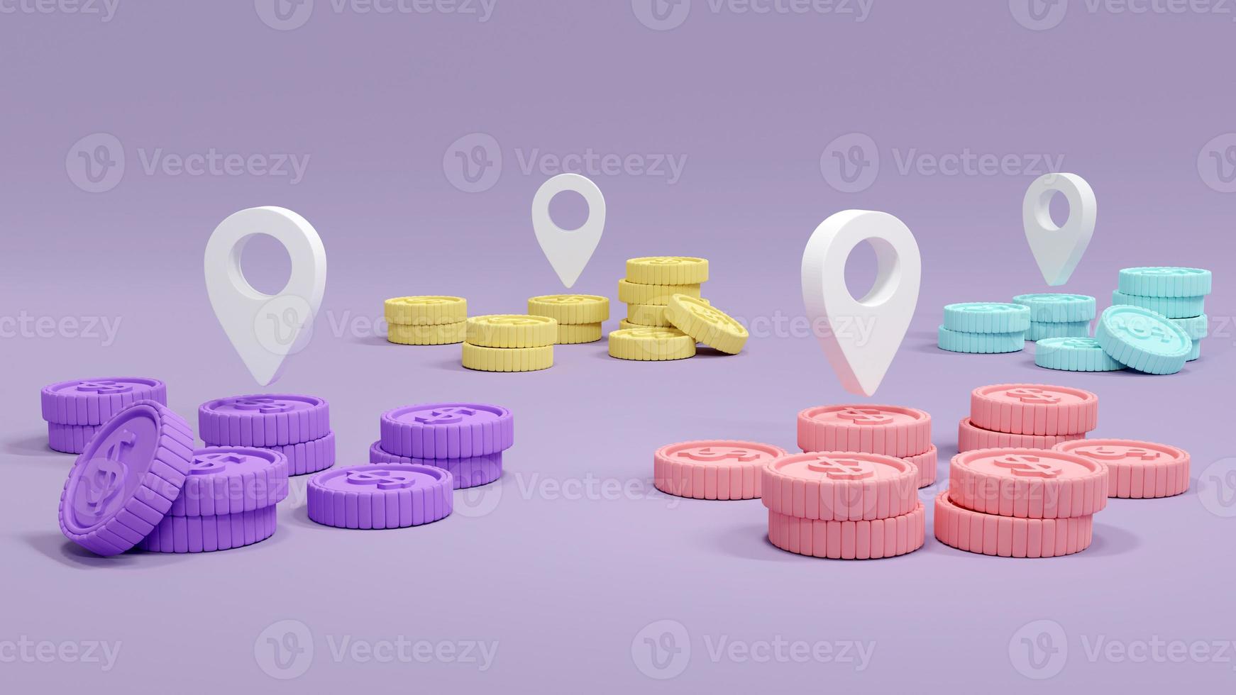 3D Rendering concept of money and currency. White location symbols and stack of money coins in many colors. Colorful. Pastel. 3D illustration. photo