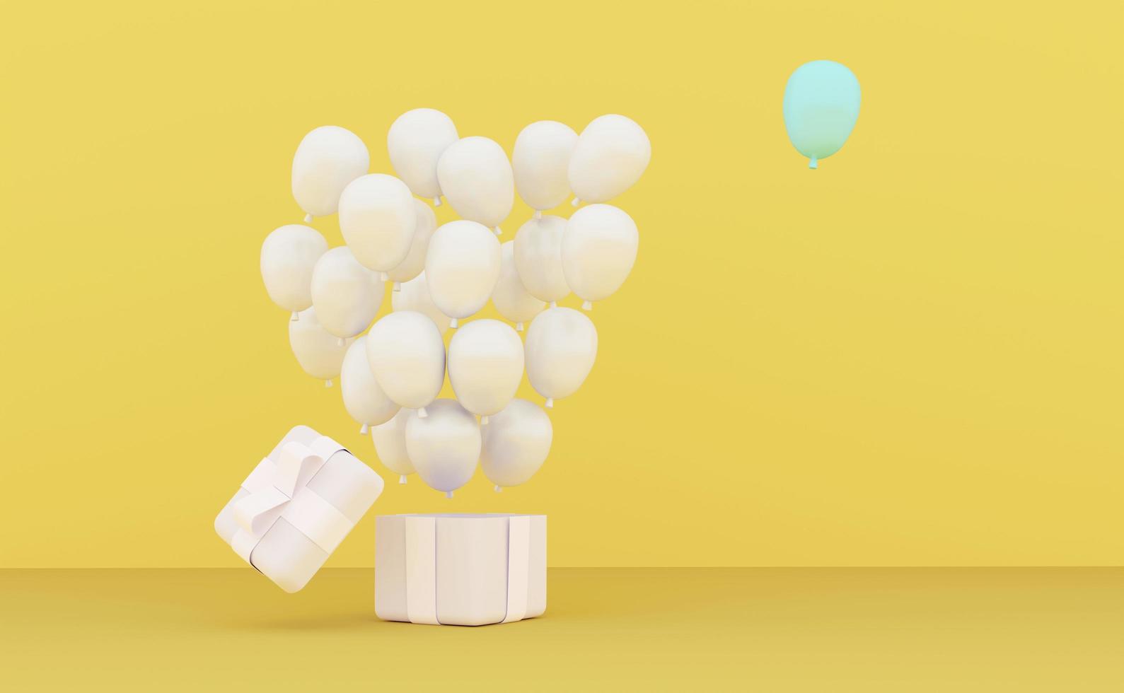 3D Rendering concept of stand out from the crowd and different concept. Blue balloon stand out from crowd yellow background. Explosion of balloons from gift.3D Render. 3d illustration. Minimal style. photo