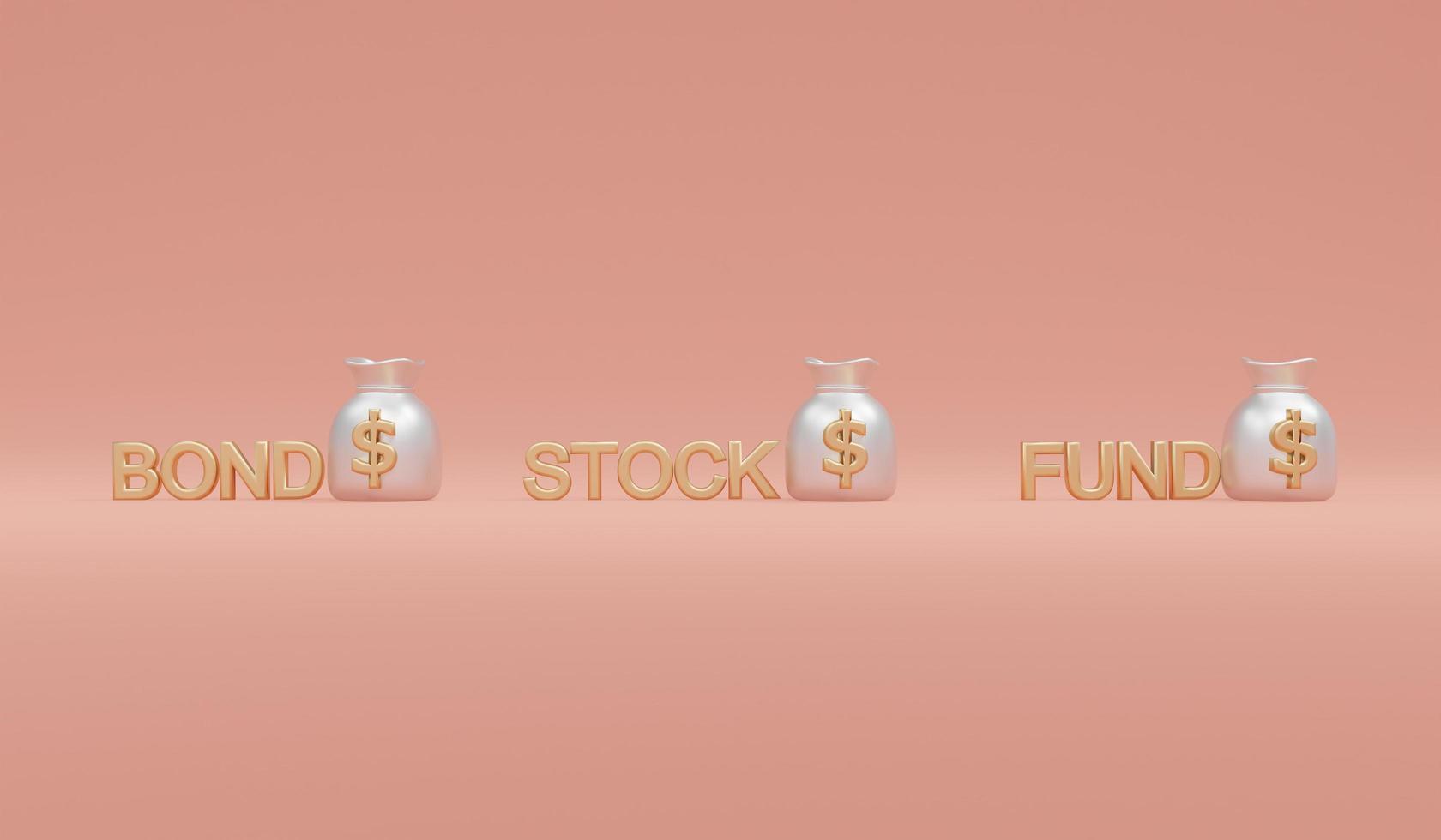 3D Rendering of money bag with word bond stock fund on background concept of money portfolio diversification, investment, investment decision. 3D Render. 3D illustration. photo