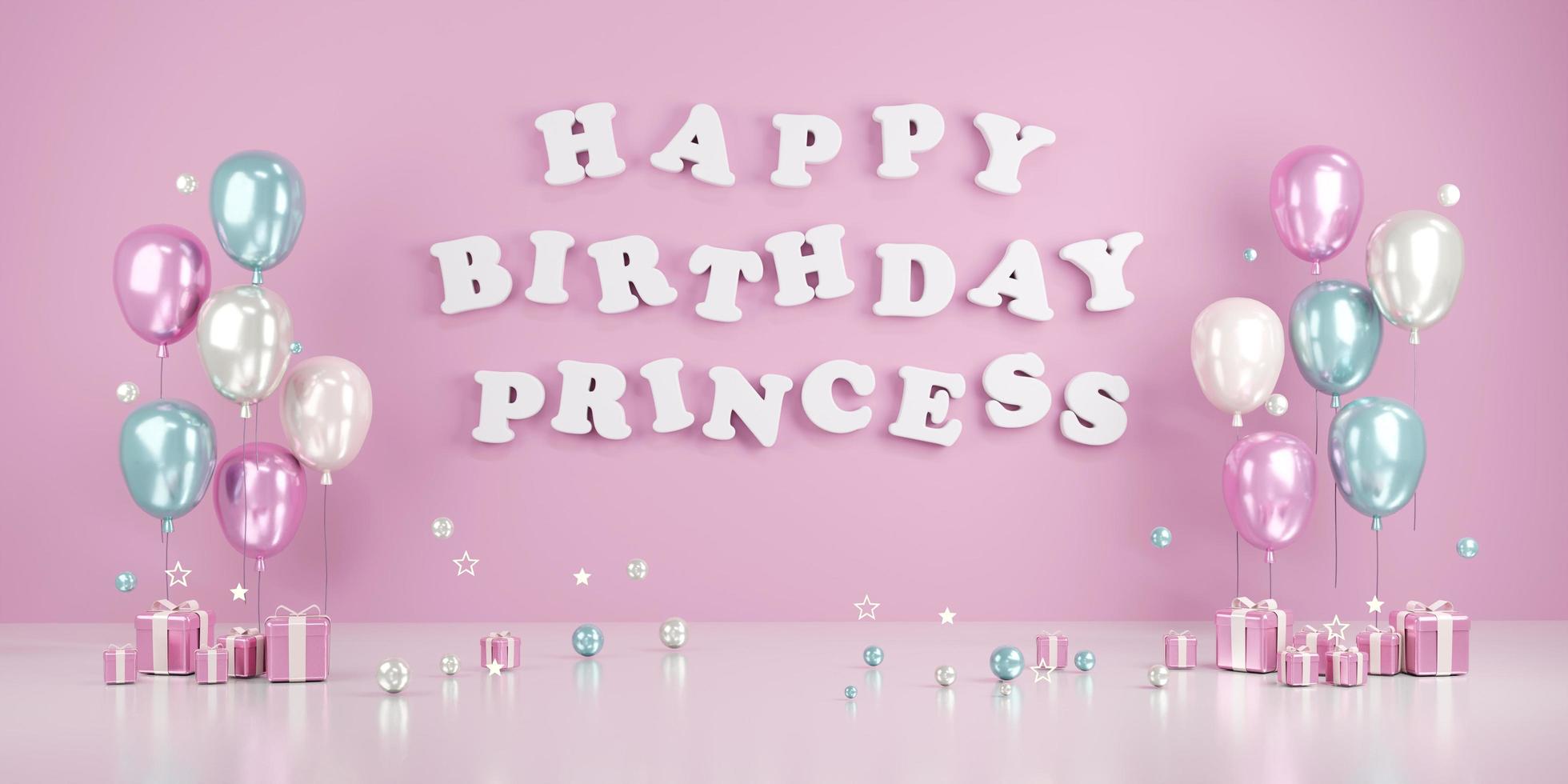 Concepto de renderizado 3d de lindo telón de fondo de cumpleaños. texto de feliz cumpleaños princesa en la pared con globos y regalos en tema rosa. procesamiento 3d ilustración 3d foto