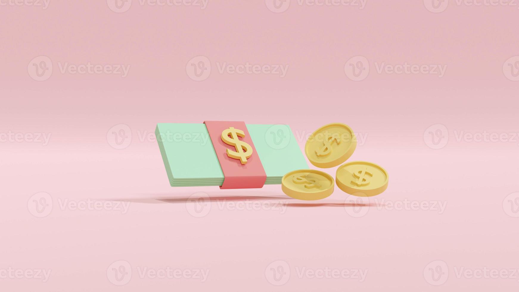 3D Rendering concept of money, online shopping.a pack of dollar bill and coins in pastel. 3D render. 3D illustration. Minimal. photo