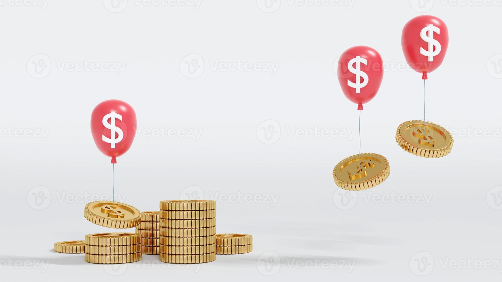 3D Rendering stack of coins balloons taking coins up on the air on background concept of financial inflation. 3D render. 3D illustration. photo