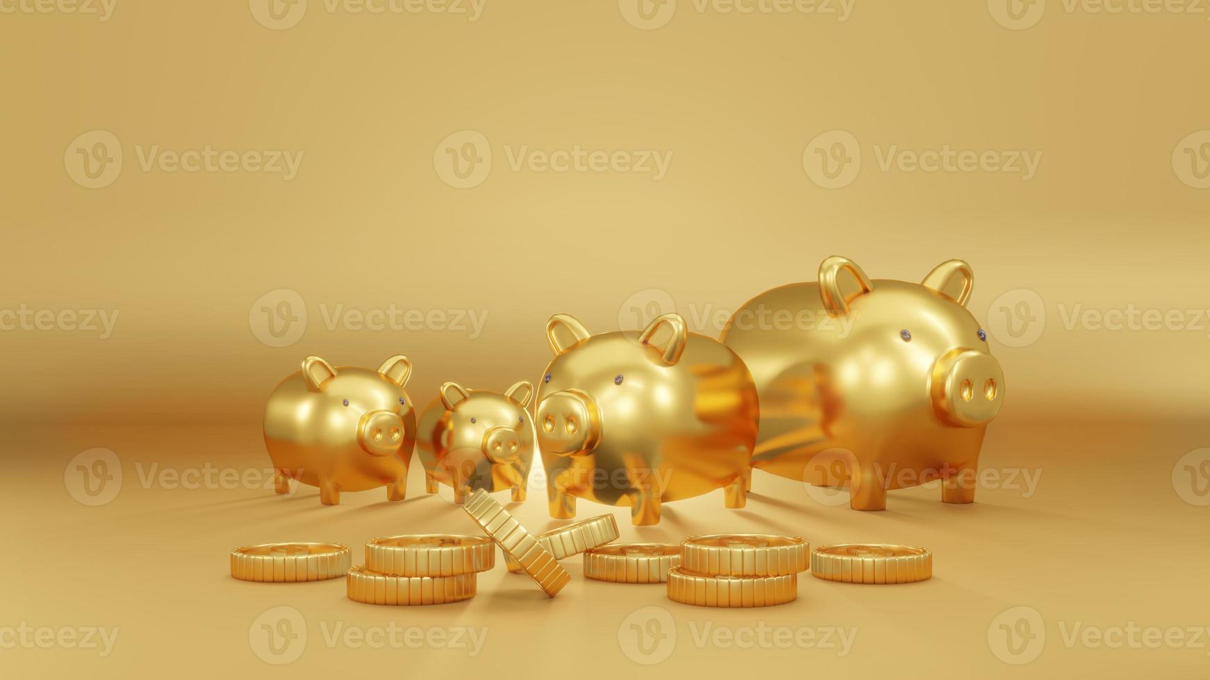 3D Rendering concept of golden piggy bank, golds, golden coins, presents on yellow background. 3D Render. photo