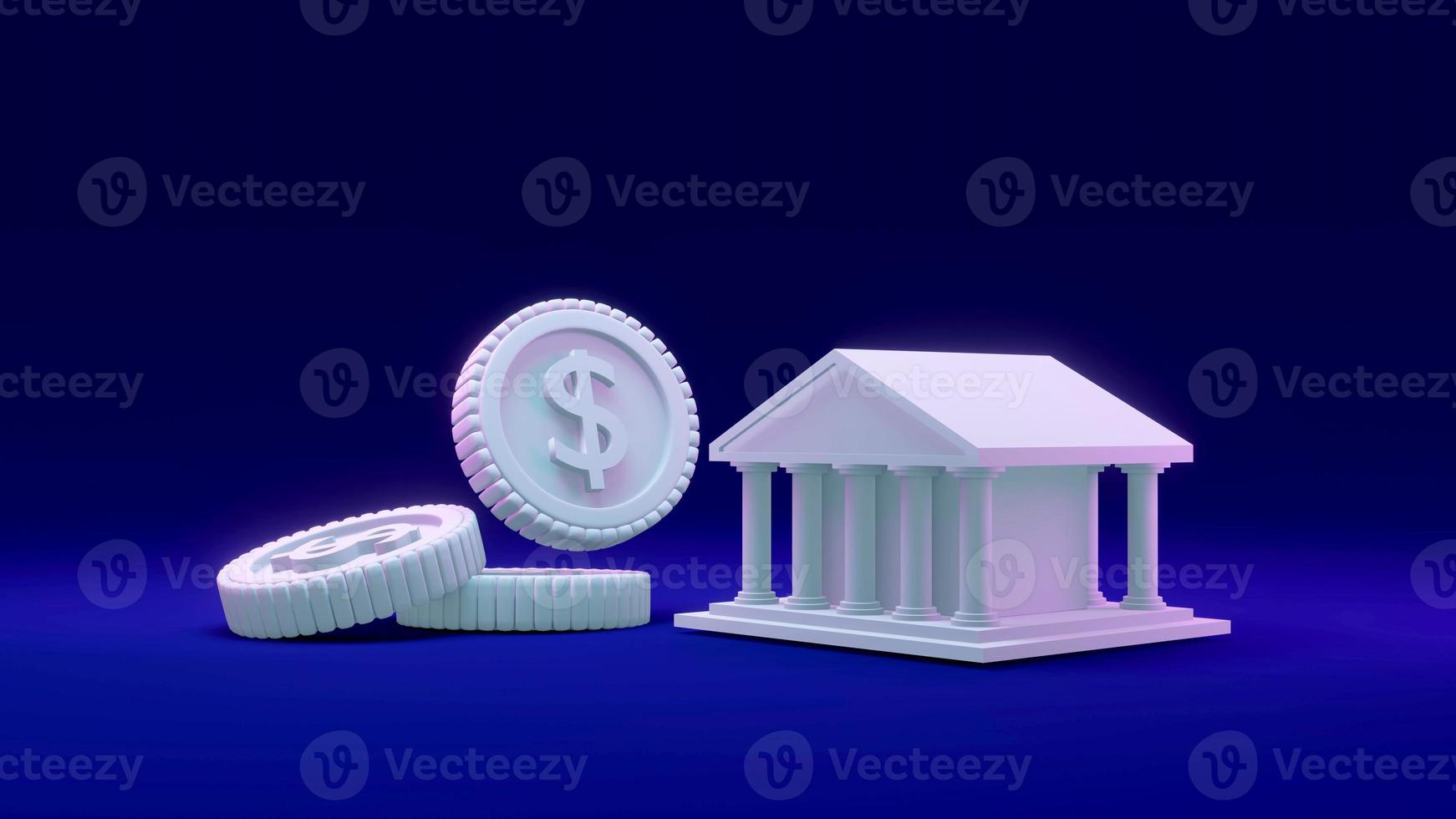 3D Rendering concept of Money and bank  dollar coin with a building as referring to a bank on background. 3D render. 3D illustration. photo