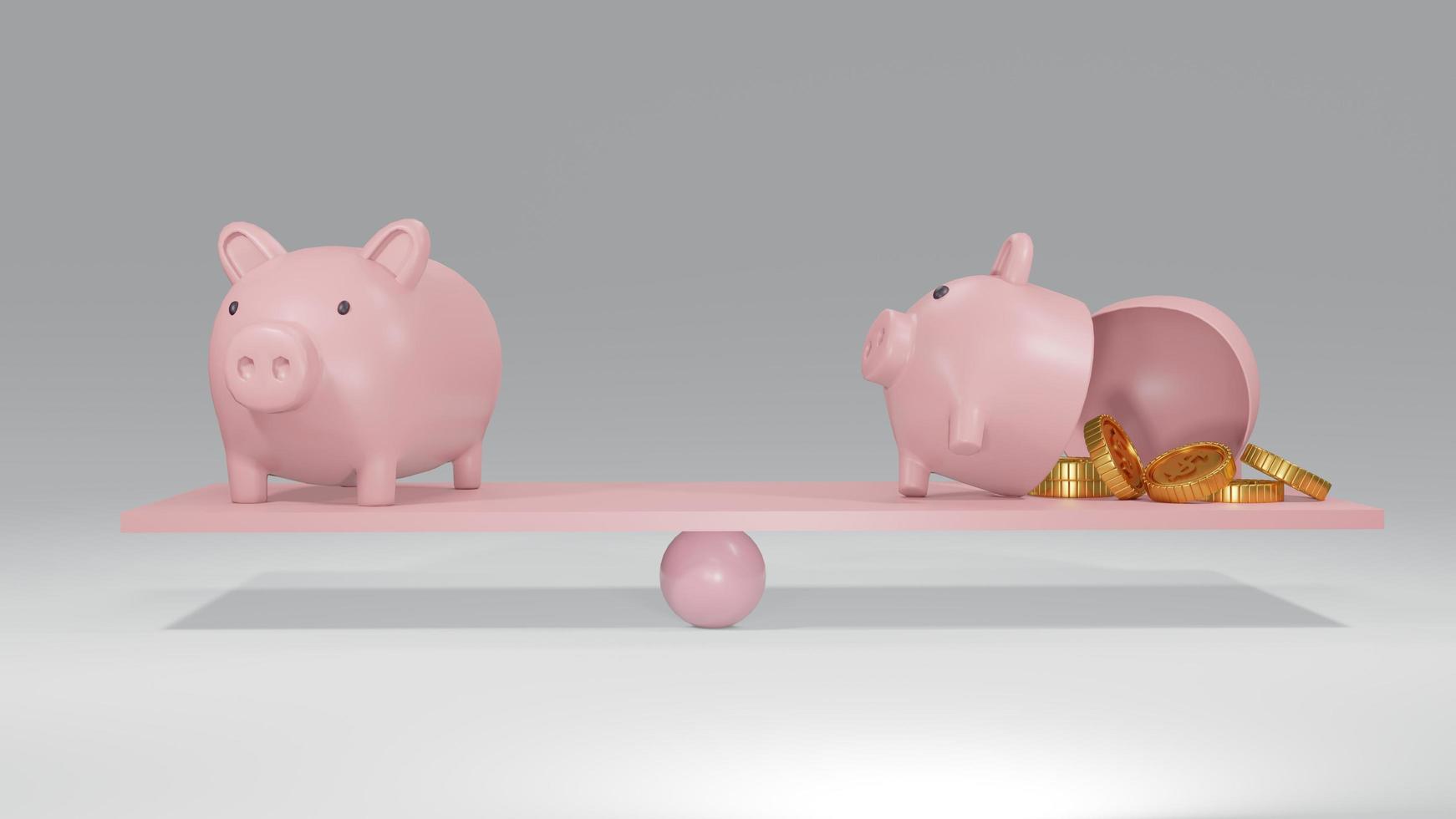 3D Rendering concept of comparison of a broken piggy bank with golden coins and a saving piggy bank on a balancing bar. 3D Render. photo