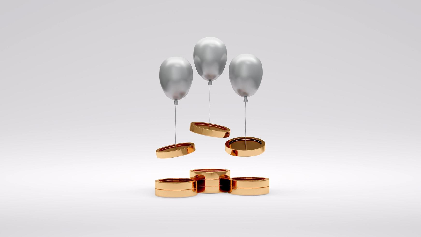 3D Rendering concept of money inflation concept, money spending. Coins are raised up by balloons isolated on background. 3D Render. 3D illustration. photo