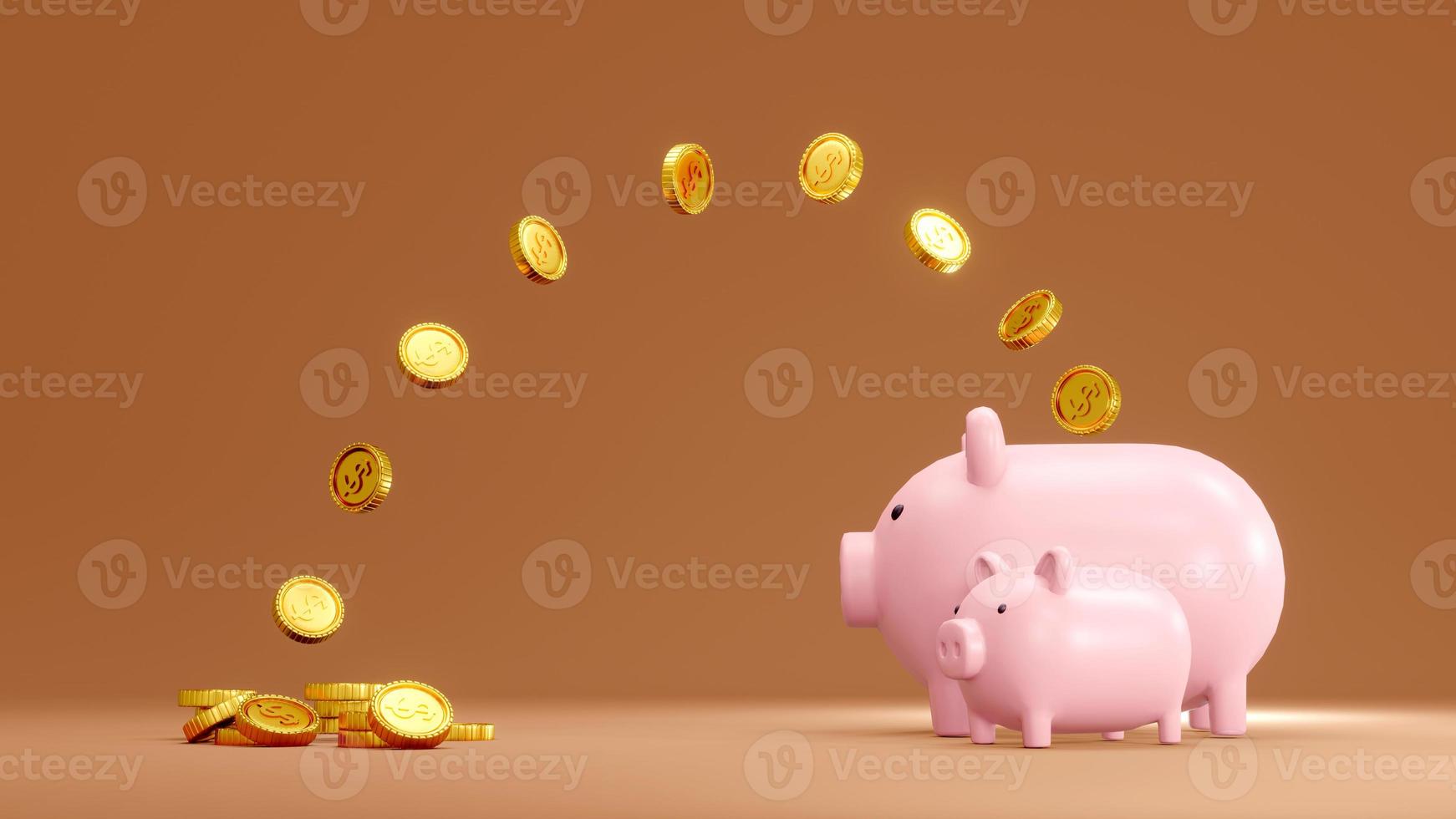 3D Rendering concept of investment. Big and small piggy banks with coins on background for commercial design. 3D Render. photo