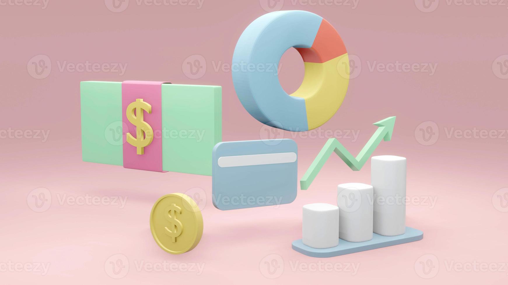 3D rendering concept of money saving icon, money management. Dollar bill, coin, pie chart, arrow, graph and credit card on pink background. 3D Render. 3D illustration. photo