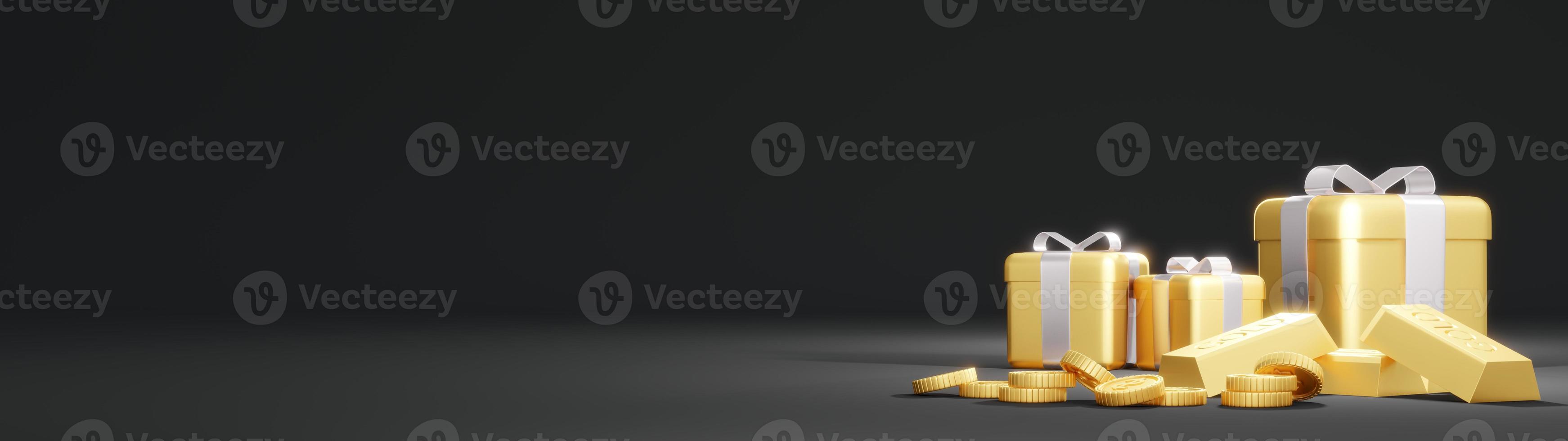 3D Rendering concept of golds, golden coins, gold gift on black background.3D Render. photo