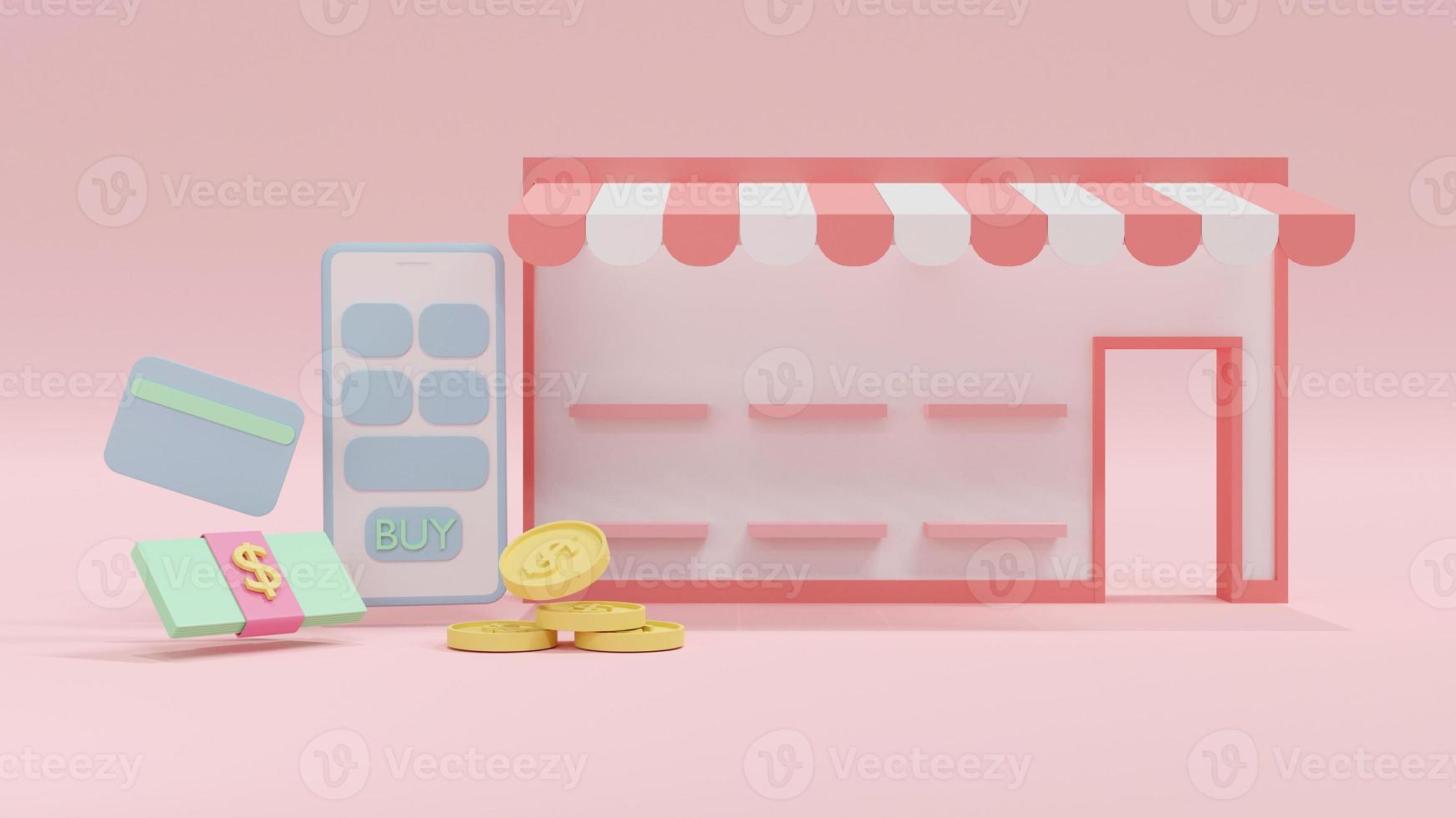 3D Rendering concept of online shopping. front view of online store with balnk shelves, a smartphone, a pack of dollar bill, credit card, coins on background. 3D render. 3D illustration. photo