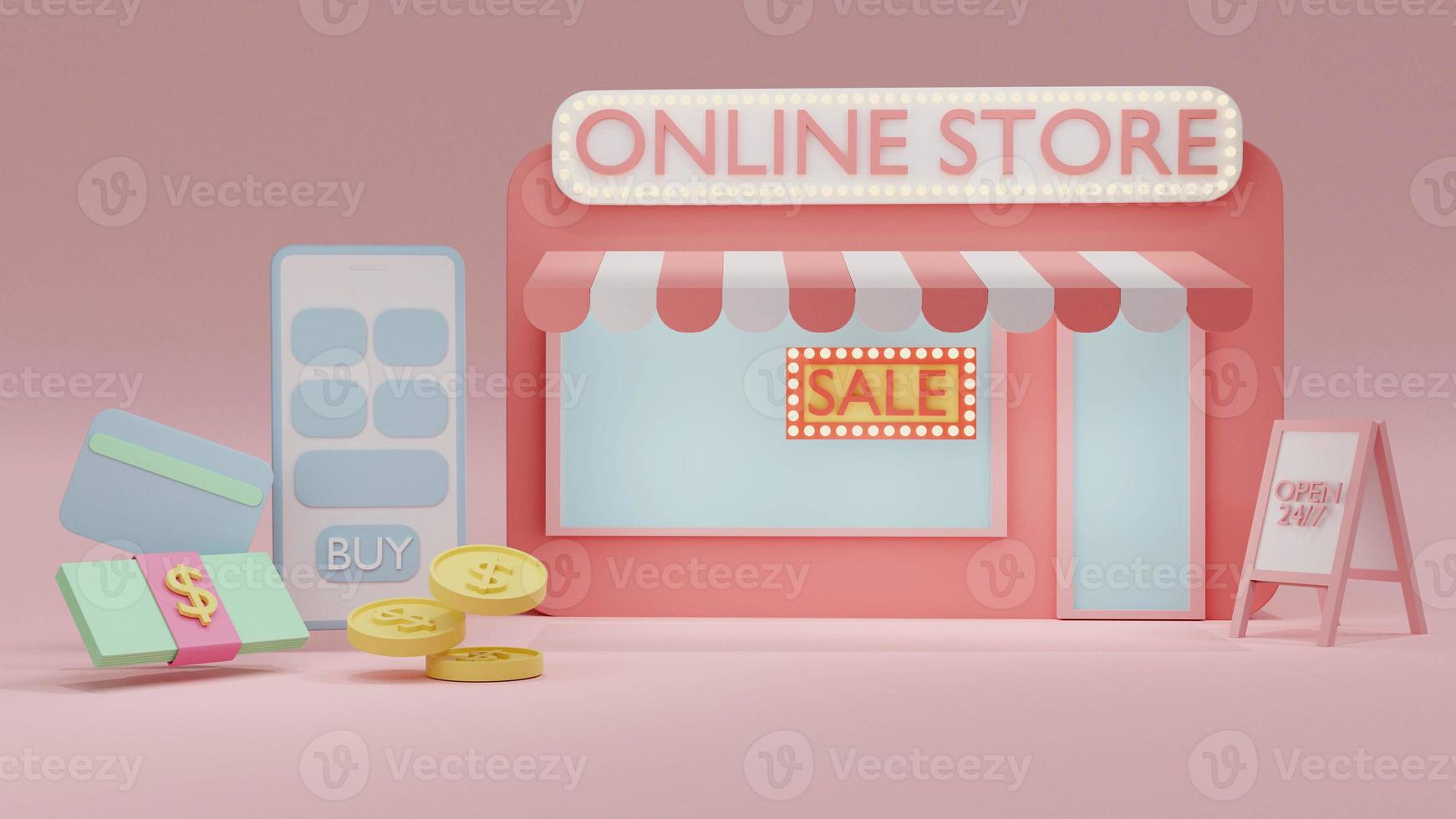 3D Rendering concept of online shopping. front view of online store with SALE sign, a smartphone, a pack of dollar bill, credit card, coins on background. 3D render. 3D illustration. photo