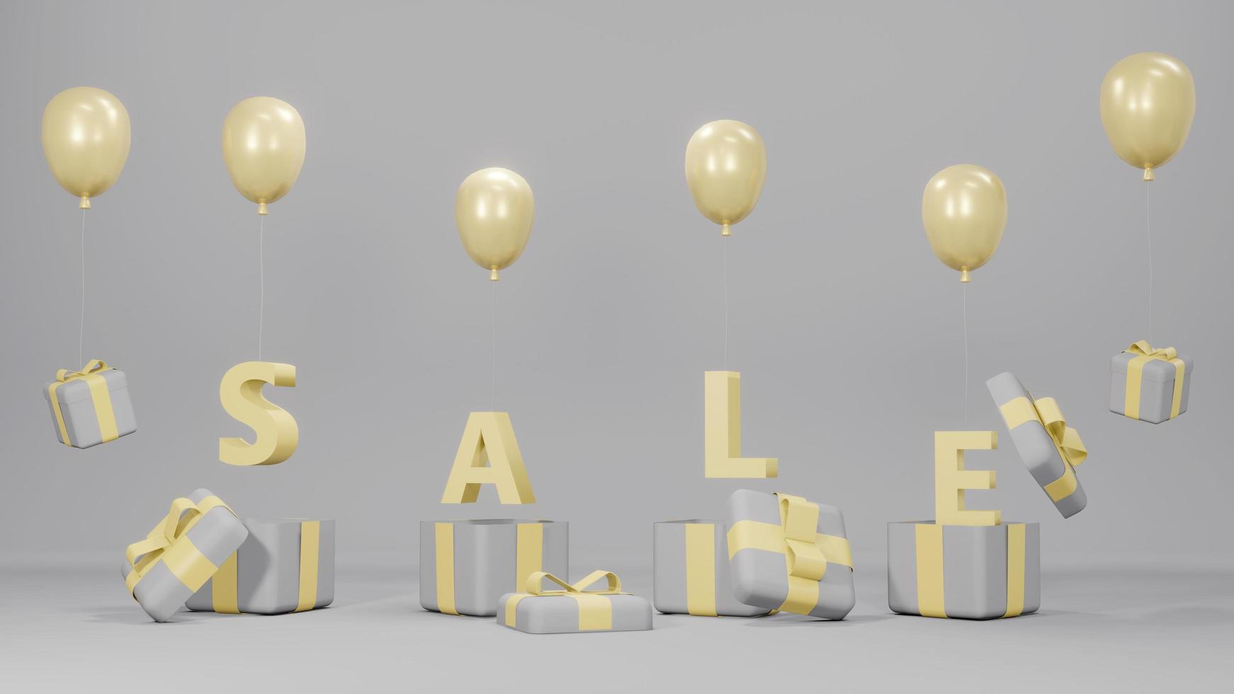 3D Rendering concept of online shopping. gift boxes, balloons and text SALE flying out from boxes on background in grey and yellow theme for commercial design. 3D render. photo