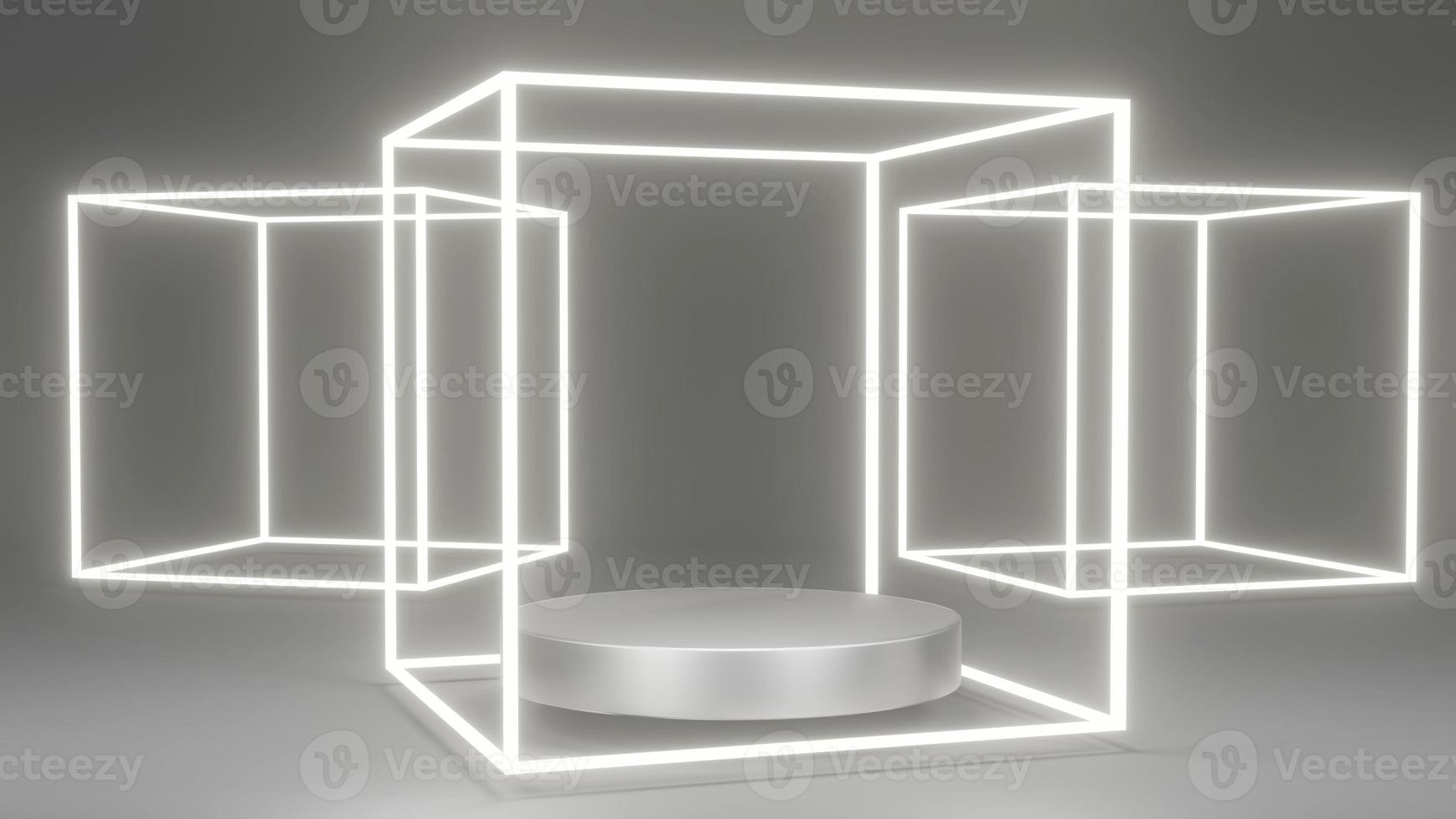 3D rendering concept of product display podiums with glowing and opaque geometry elements for commercial template design. 3D Render. Platform exhibition. Metallic silver theme. photo