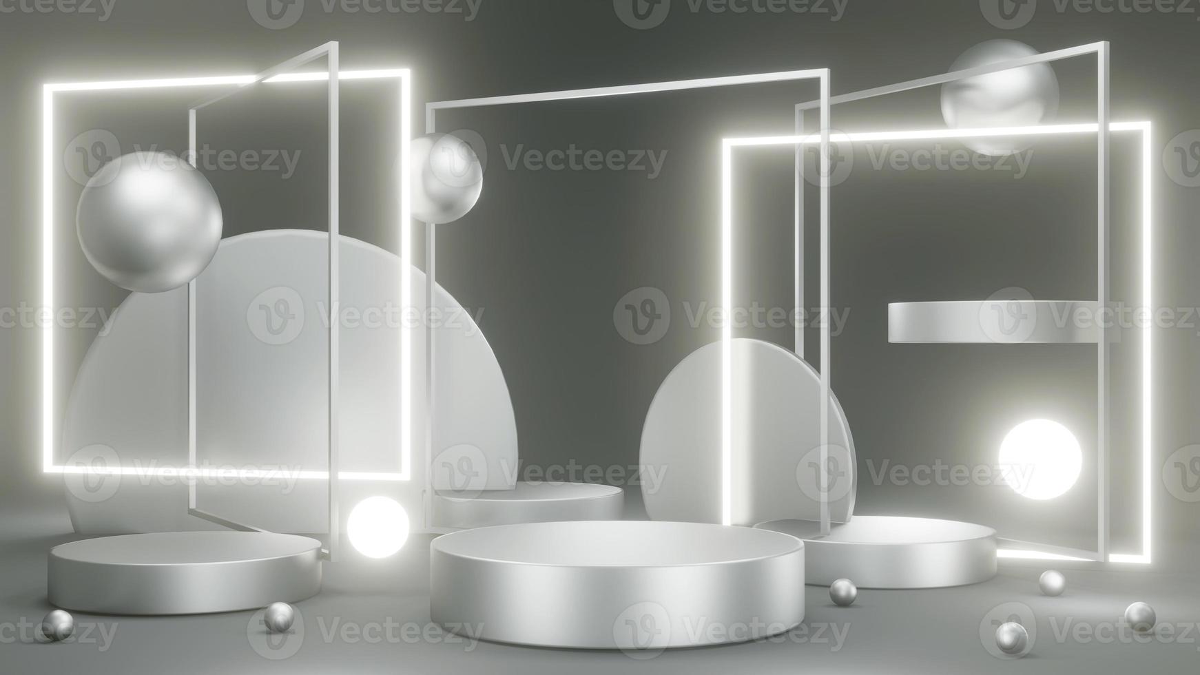 3D rendering concept of product display podiums with glowing and opaque geometry elements for commercial template design. 3D Render. Platform exhibition. Metallic silver theme. photo