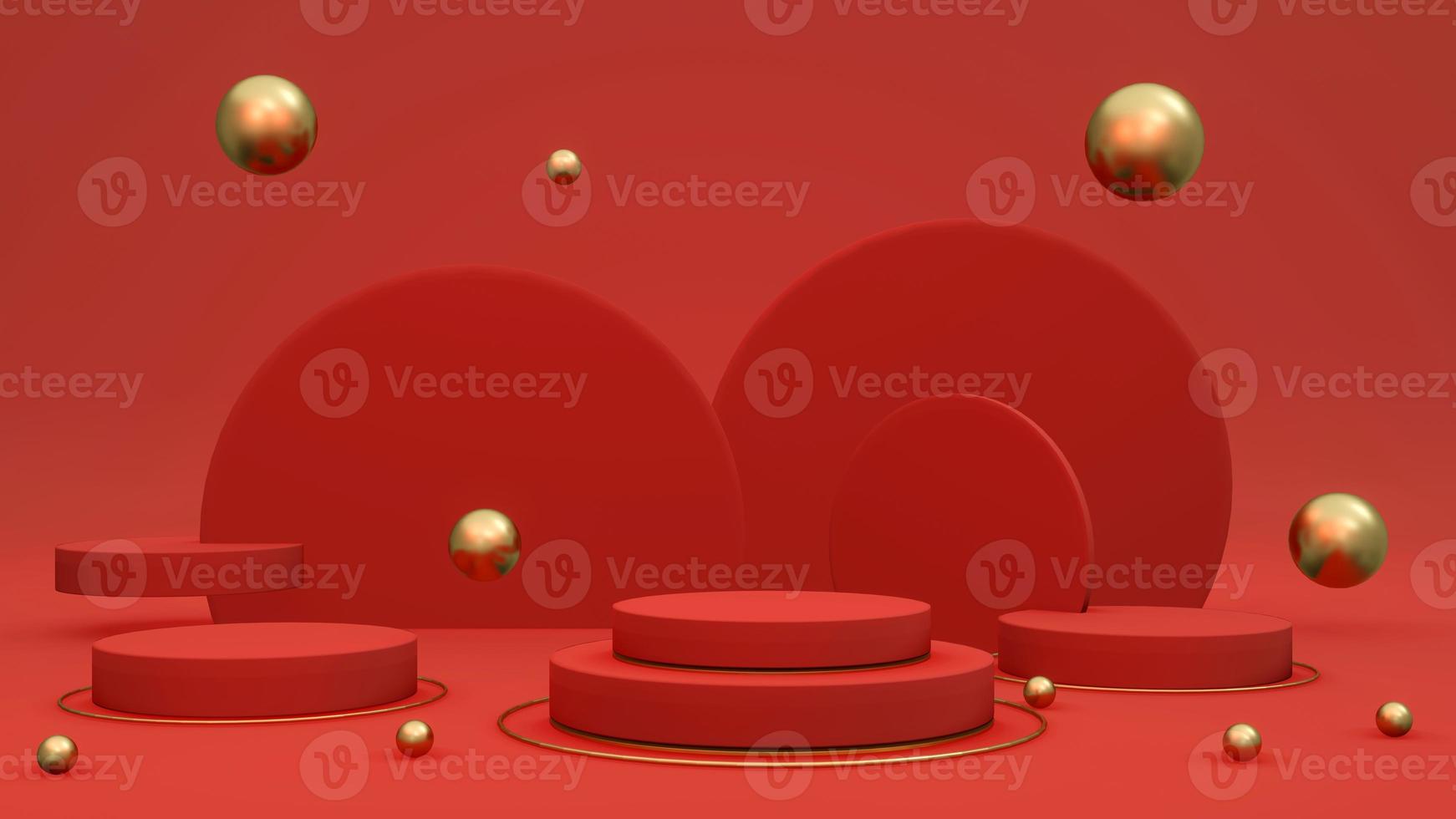 3D rendering concept of red gold podium. Bright red podium product stand display and background with golden elements composed for commercial design. 3D render. 3D illustration. photo