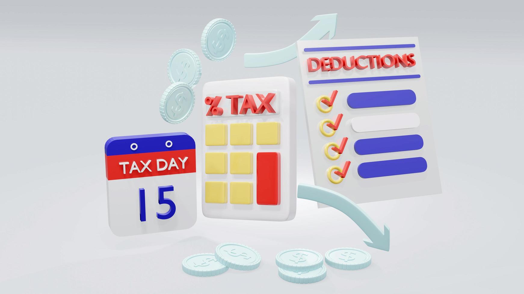 3d Rendering concept of tax. a calculator, coins, arrows, a list of deductions and a calendar on background. 3D render. photo