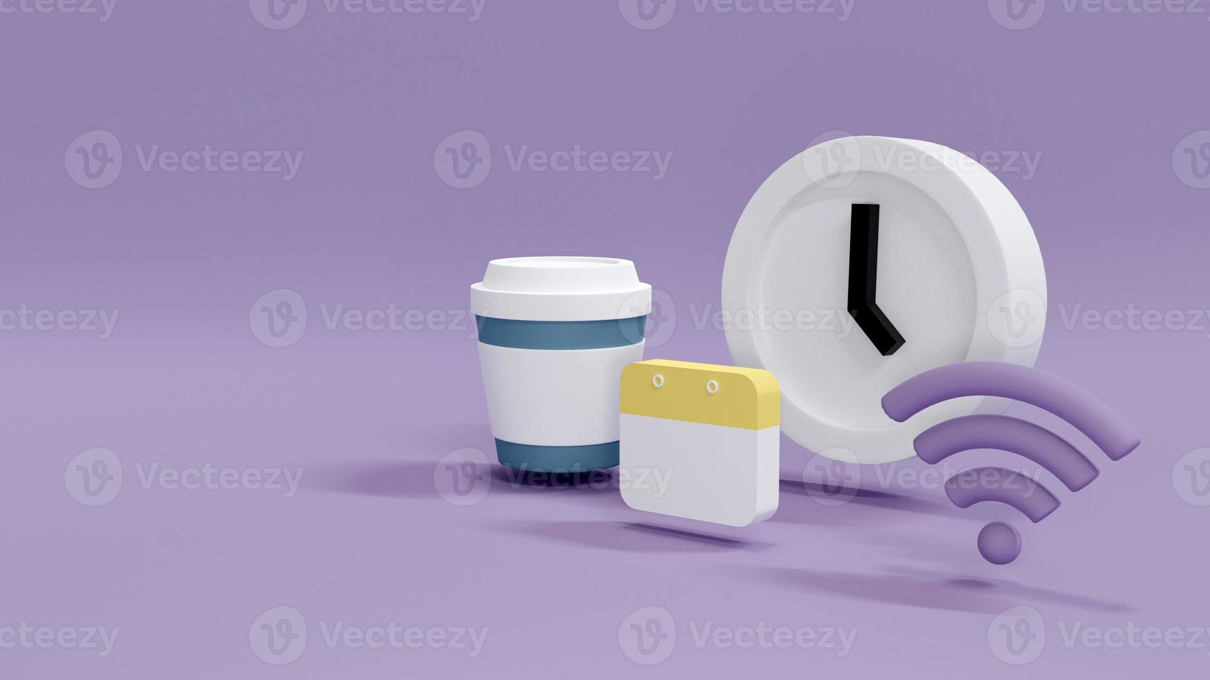 3D Rendering concept of time and money management. a clock, a Wifi internet icon, a calendar and a cup of coffee symbol on background. 3d Render. photo