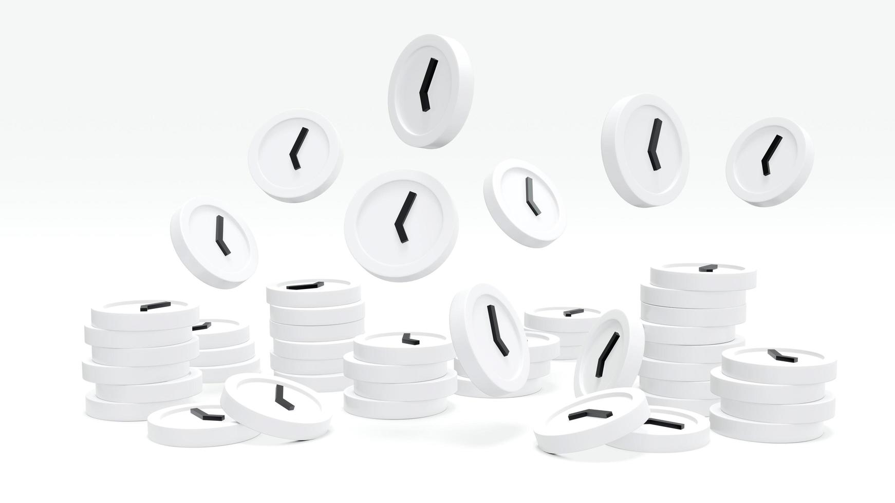 3D Rendering concept of time management. Stacks and falling down of white clocks on background. 3D Render. 3D illustration. photo