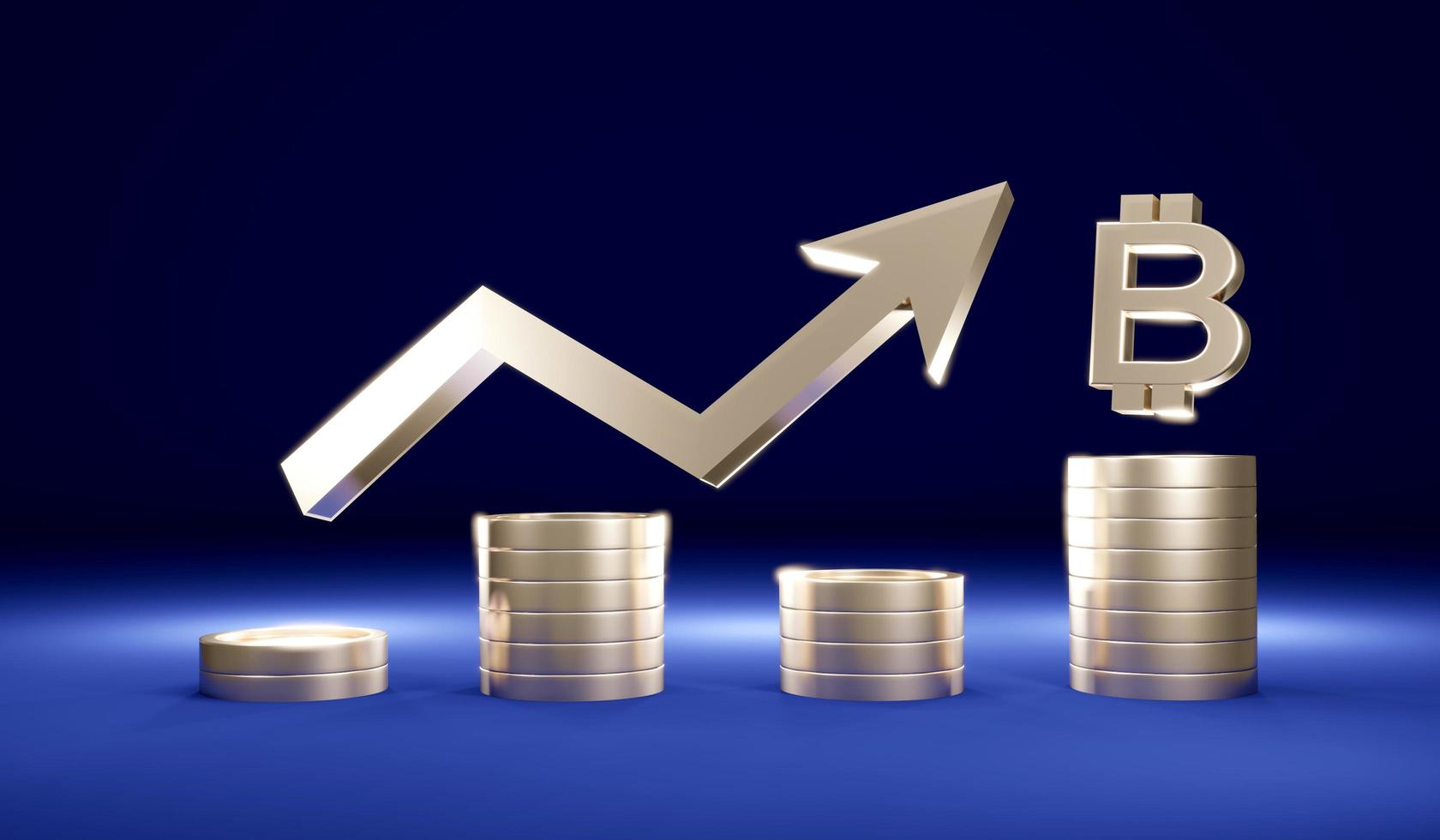 3D Rendering concept of cryptocurrency. Stack of coins with arrow graph pointing up and bit coin symbol on background. 3D Render. 3d illustration. Minimal idea style. photo